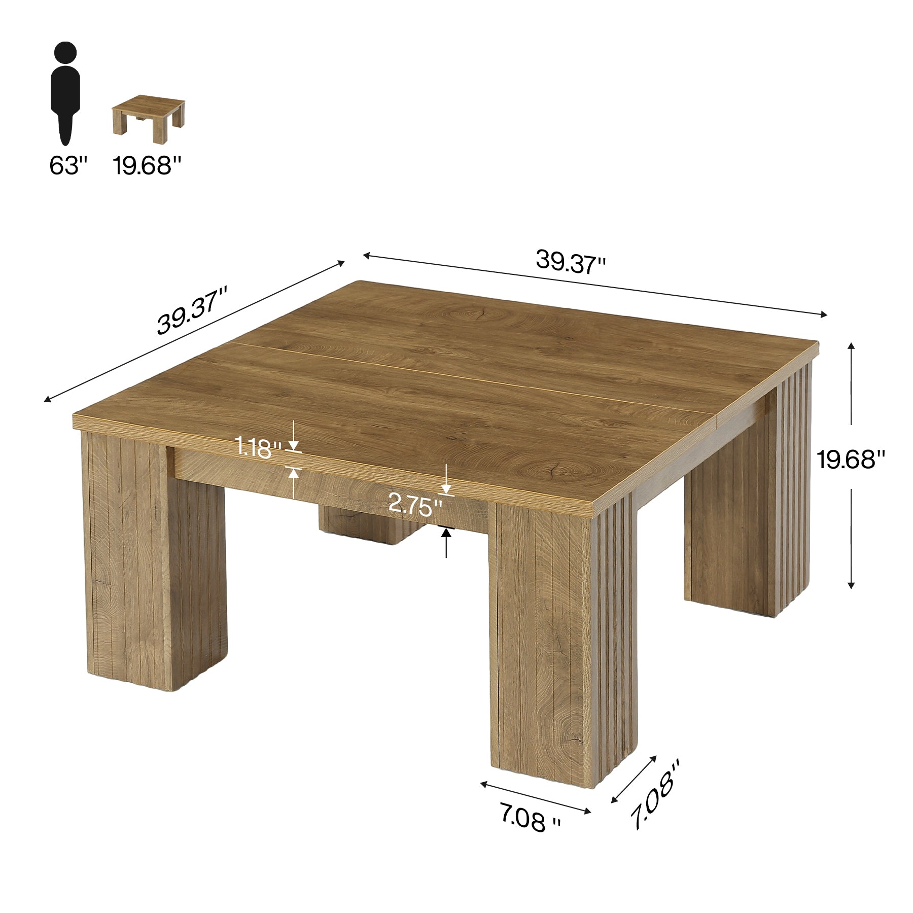 Tribesigns Quadratischer Couchtisch 100 cm, Wohnzimmertisch im Landhausstil mit geriffelten Beinen