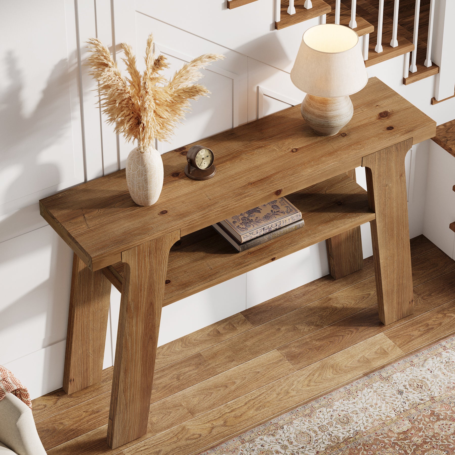 Tribesigns Massivholz-Konsolentisch 120 cm, Rustikaler Flur- und Sofatisch mit 2 Ablagen, Landhausstil