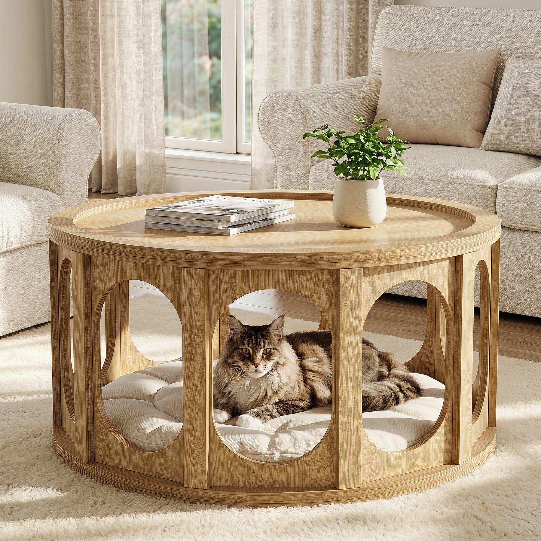 Tribesigns Runder Couchtisch mit Katzenhöhle 80 cm, 2-stufiger Wohnzimmertisch mit Stauraum