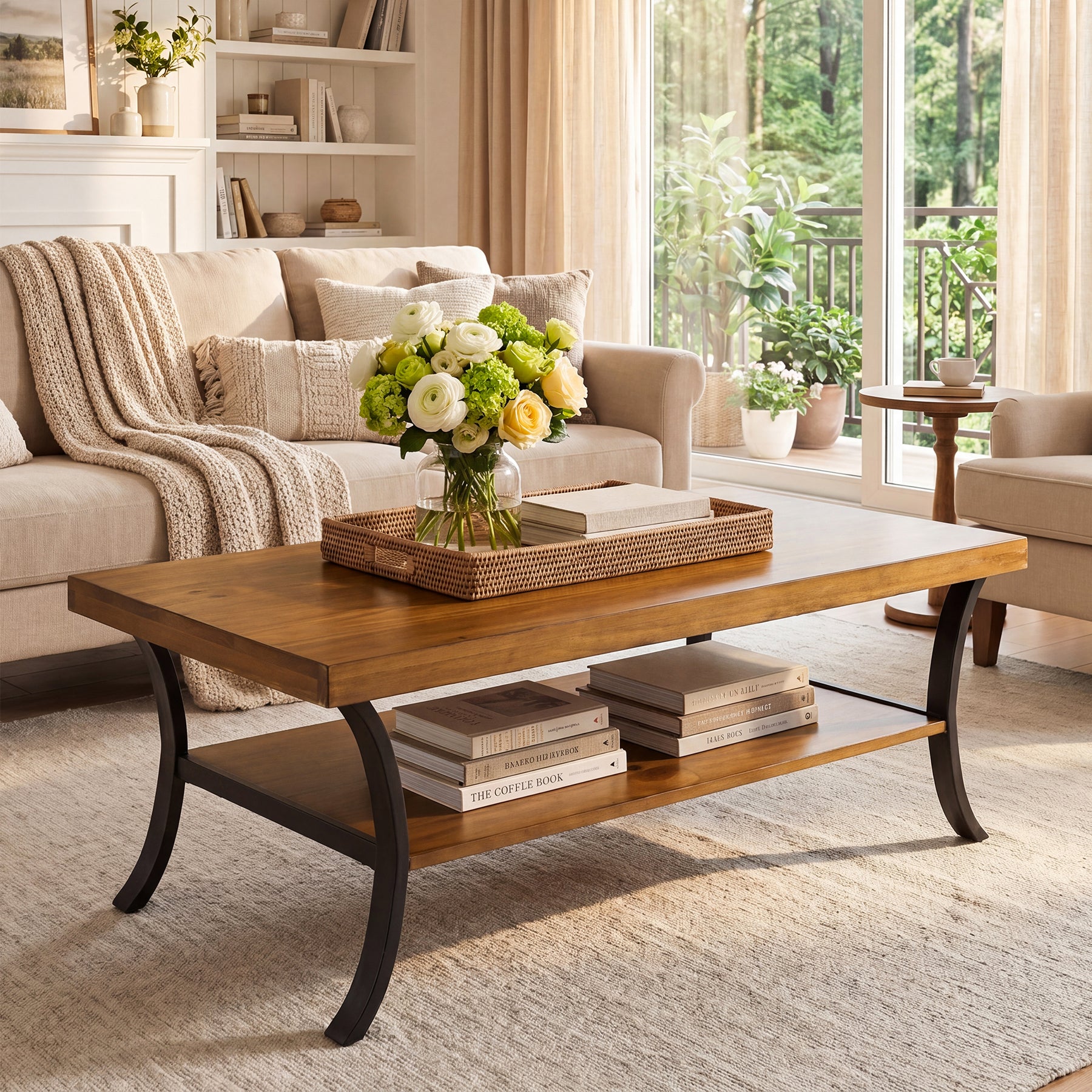 Tribesigns Massivholz Couchtisch 120 cm mit Ablage, 2-stufiger Wohnzimmertisch mit geschwungenen Metallbeinen