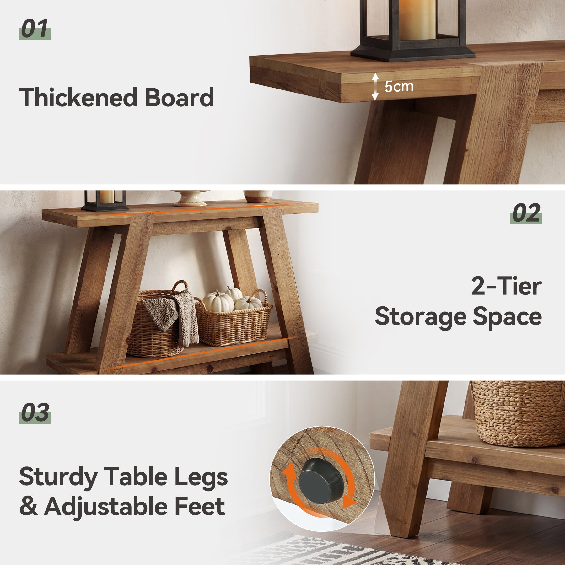 Tribesigns Schmale Massivholz Konsolentisch 110 cm im Landhausstil, Sofatisch mit 2 Ablagen für Flur und Wohnzimmer