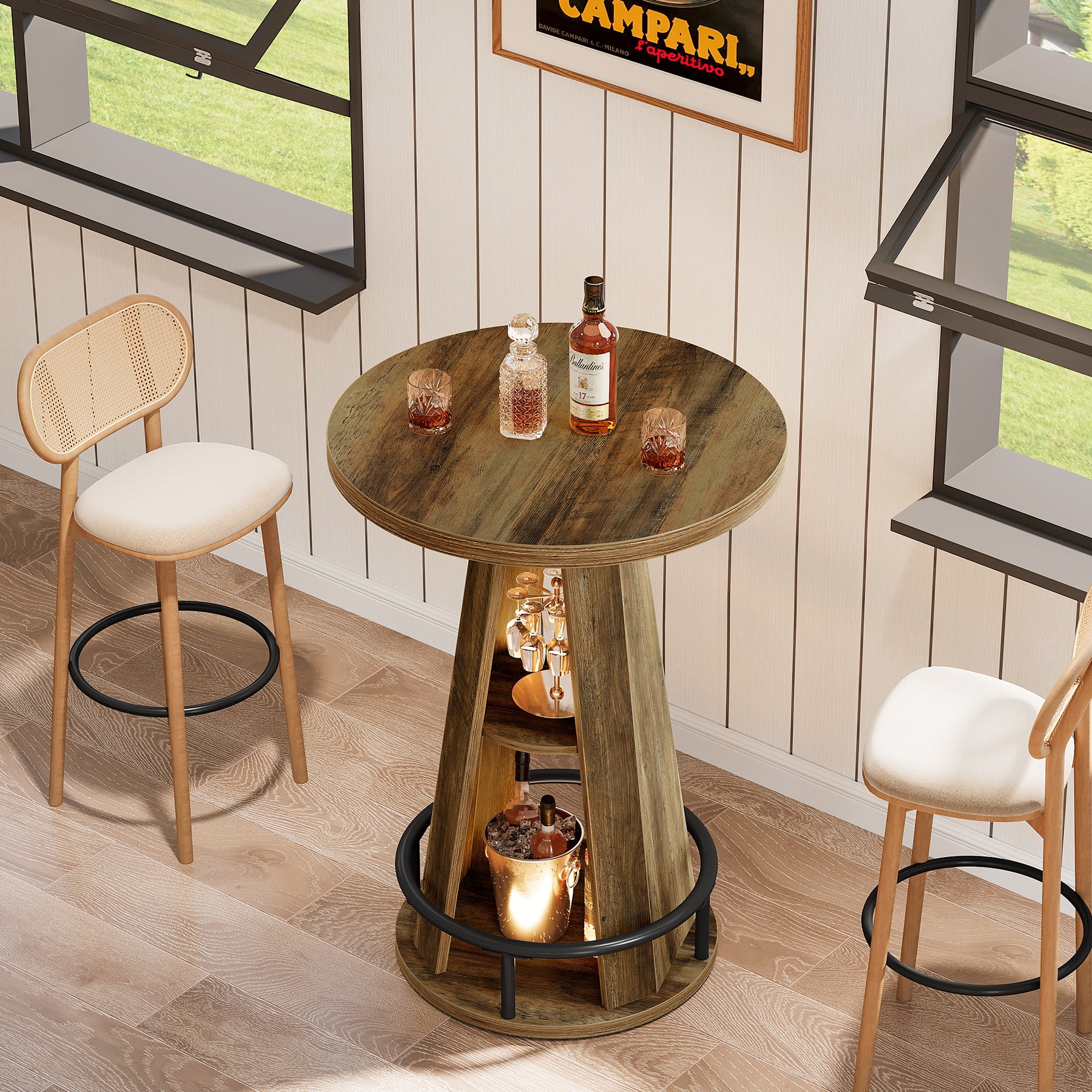 Tribesigns Runder Bartisch 100 cm, Bistrotisch mit 3 Ablagen & Fußstütze, Industrial Stehtisch für Küche & Wohnzimmer