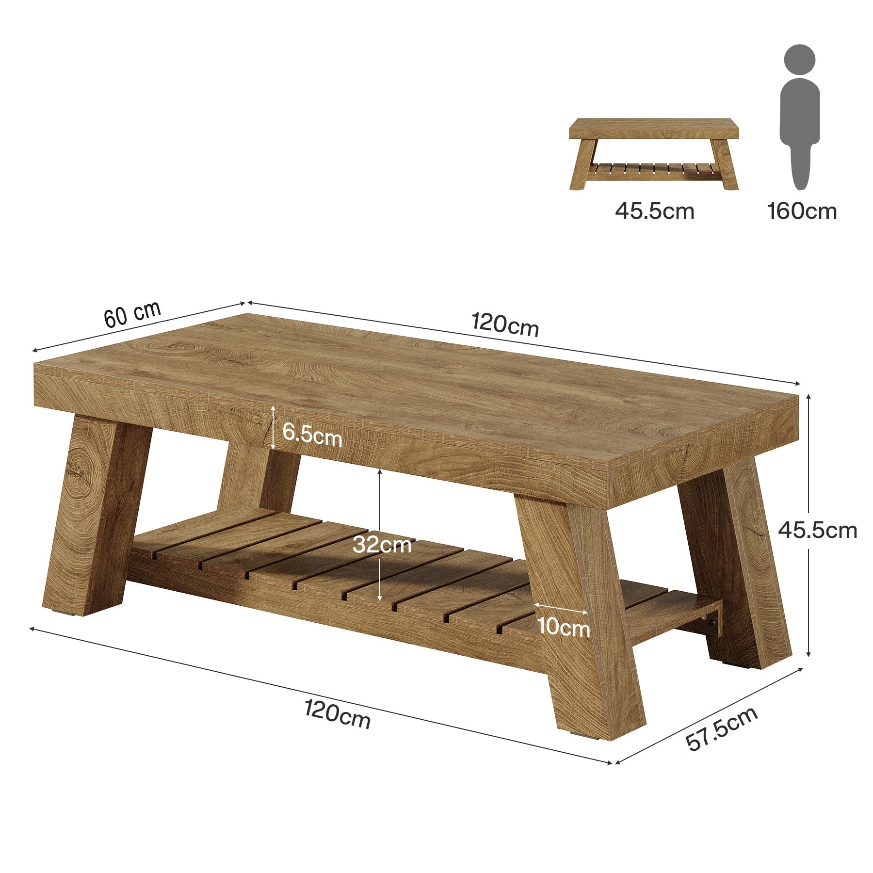 Tribesigns 120 cm Couchtisch im Landhausstil, rustikaler Rechtecktisch mit V-Beinen für Wohnzimmer