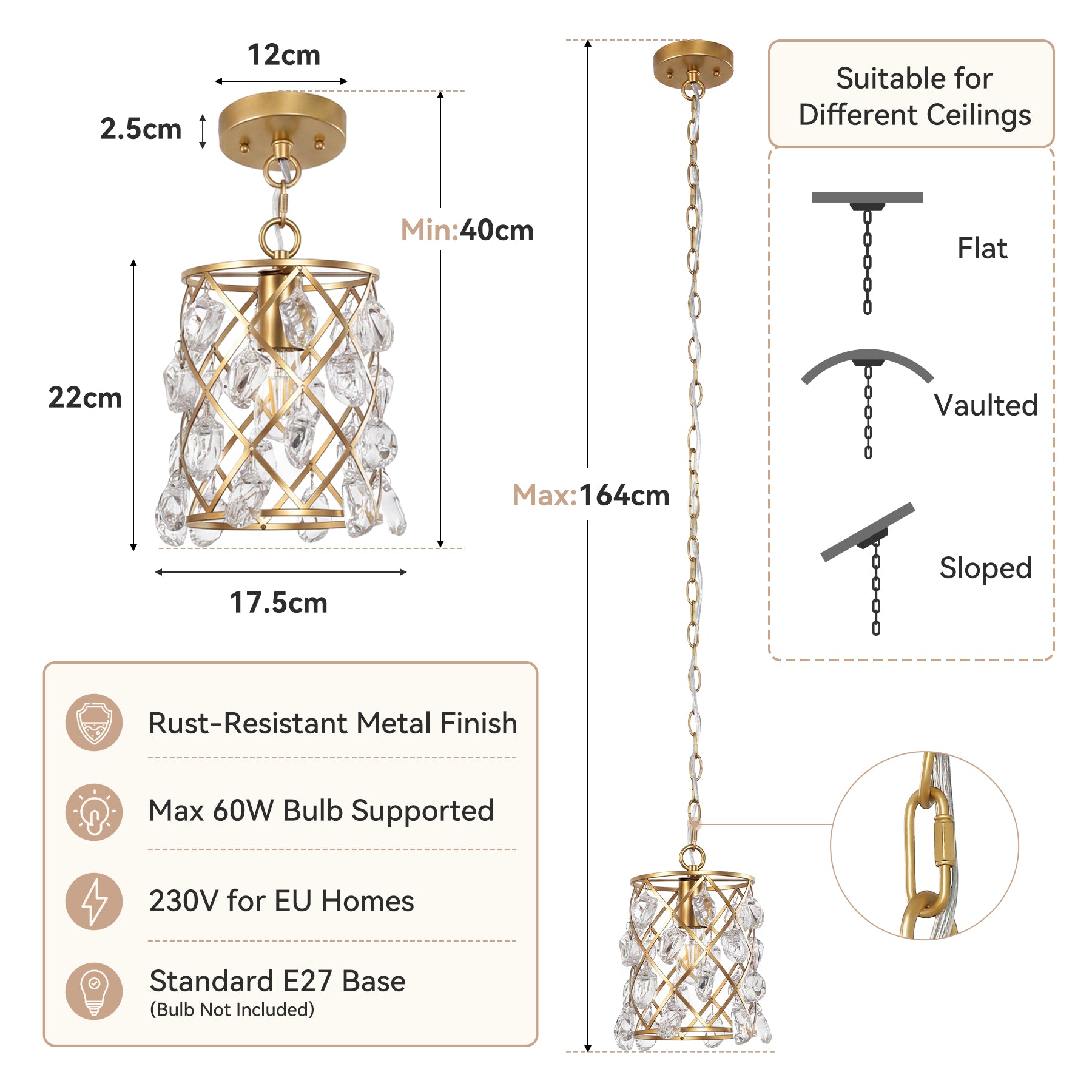 Tribesigns Goldene Pendelleuchte mit Glaskristallen, E27 Hängelampe im modernen Design, höhenverstellbarer Kronleuchter