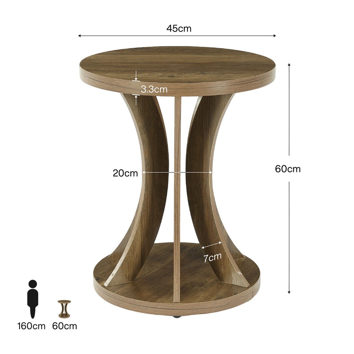 Tribesigns Runder Beistelltisch 45 cm mit 2 Ablagen, platzsparend im Landhausstil