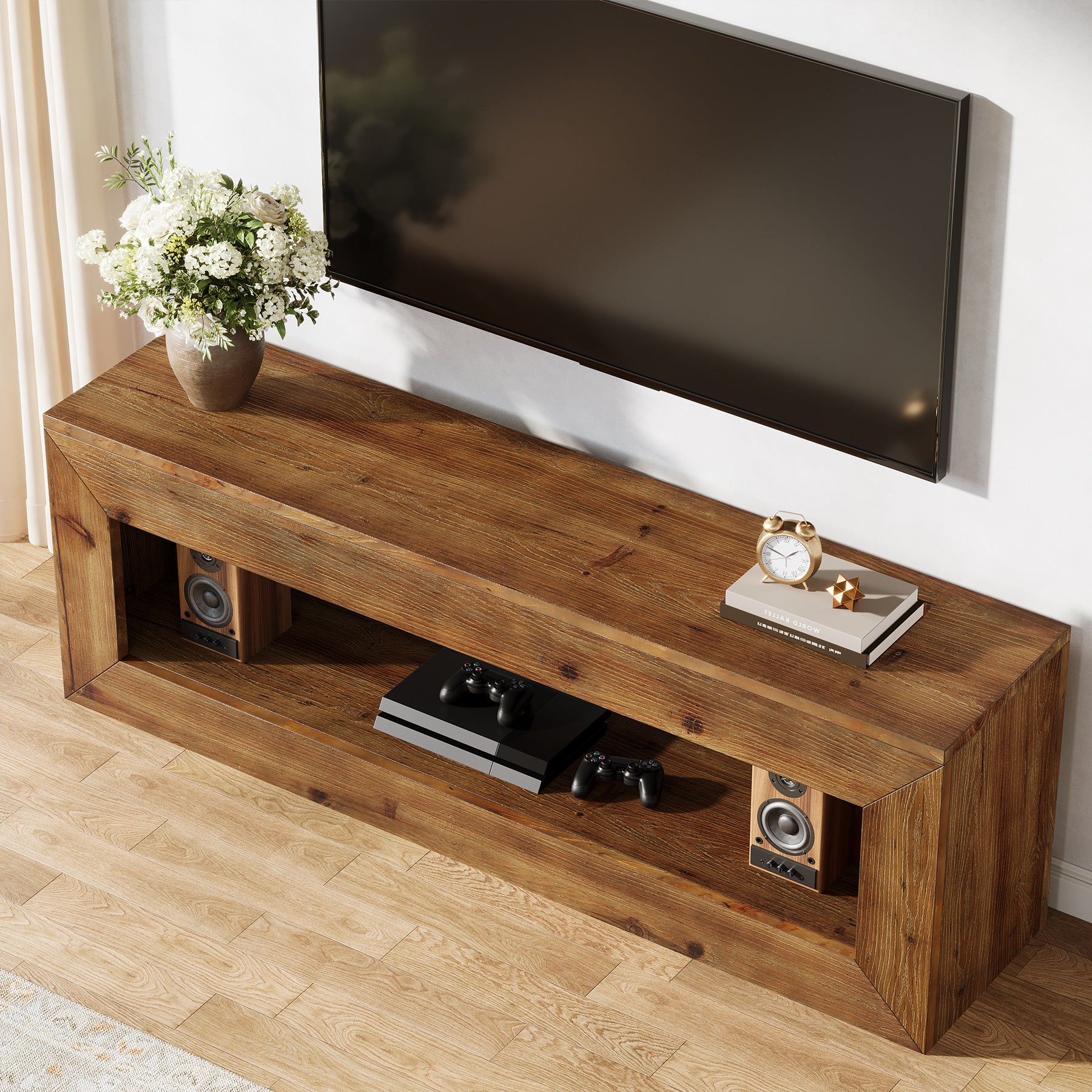 Tribesigns TV-Lowboard aus Massivholz 120 cm, TV-Schrank mit Offenem Stauraum für 32–55 Zoll Fernseher