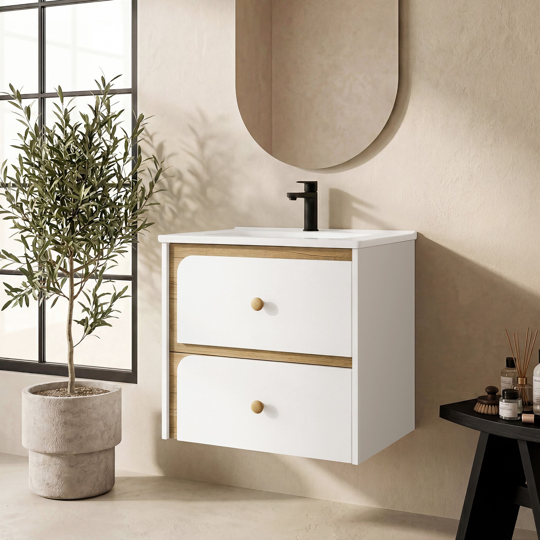 Tribesigns Hängender Waschtisch mit Keramikbecken, Moderner Badschrank wandmontiert mit Soft-Close-Tür