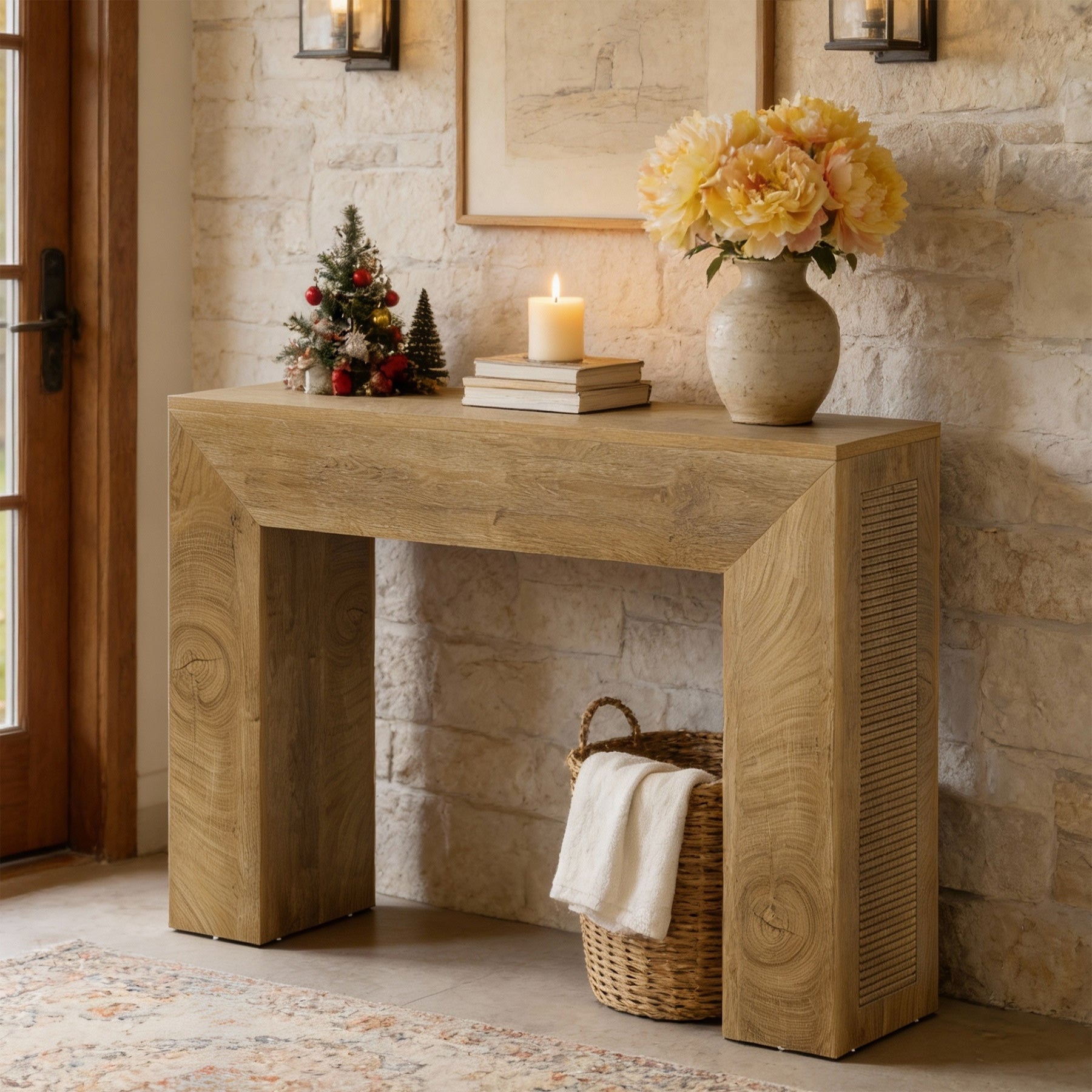 Konsolentisch für den Eingangsbereich, 110 cm schmaler Sofatisch im Landhausstil mit Rillenstruktur