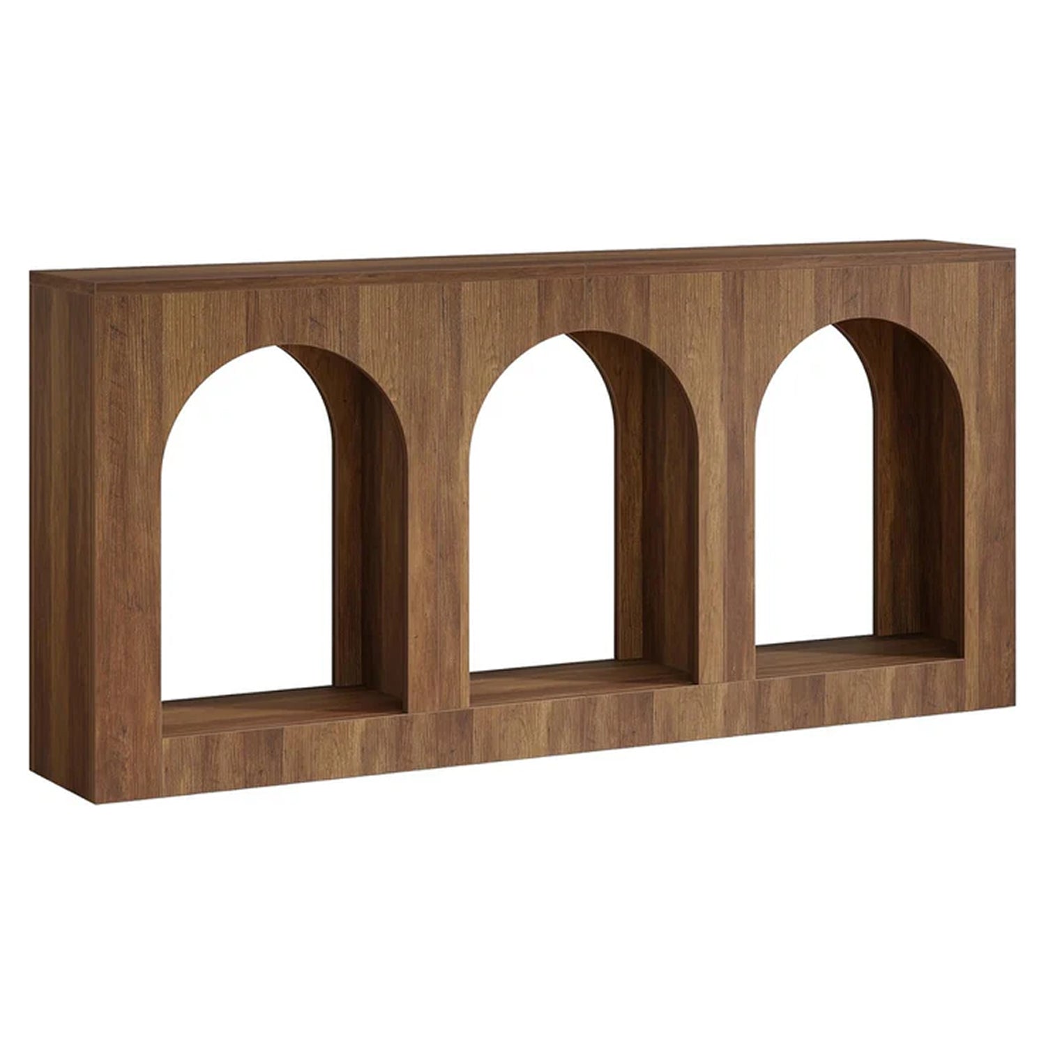 Konsolentisch 160 cm, Schmaler Holztisch mit 3 Bogenregalen, Sofatisch hinter Couch