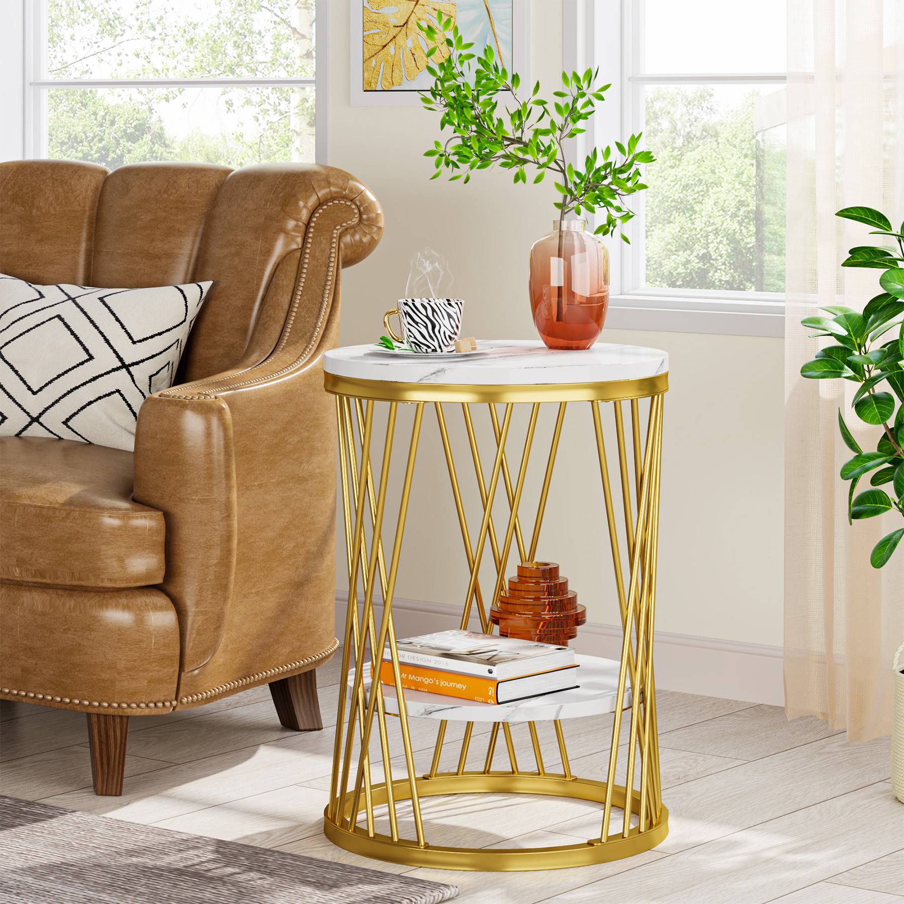 End Table, 2-Tier Round Bedside Table with Faux Marble Shelves Tribesigns