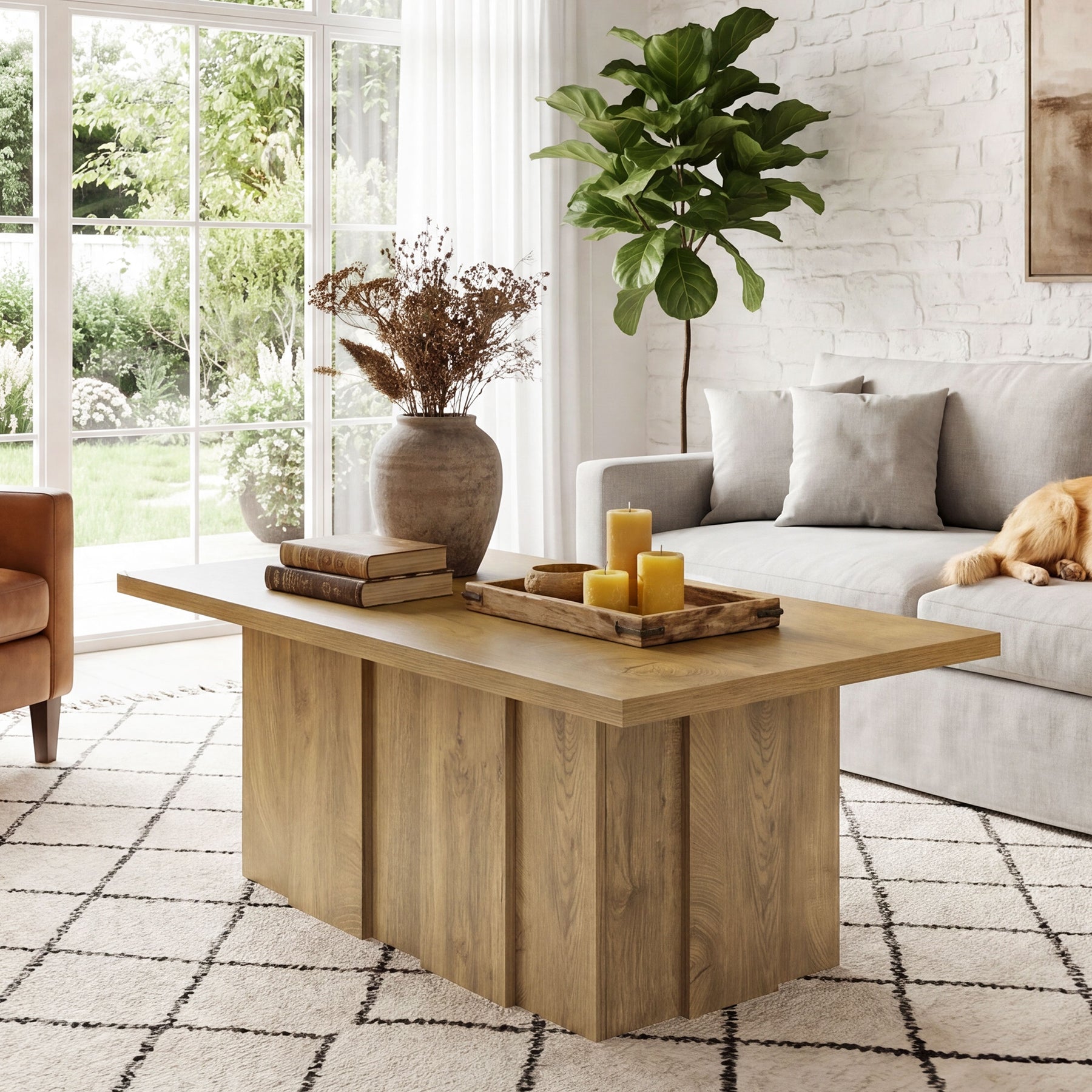 Tribesigns Couchtisch 120 cm, Rechteckiger Wohnzimmertisch im modernen Landhausstil mit Geriffeltem Sockel