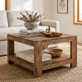 Tribesigns Massivholz Couchtisch 80 cm mit Ablage, quadratischer Wohnzimmertisch im Landhausstil mit 2 Ebenen 3
