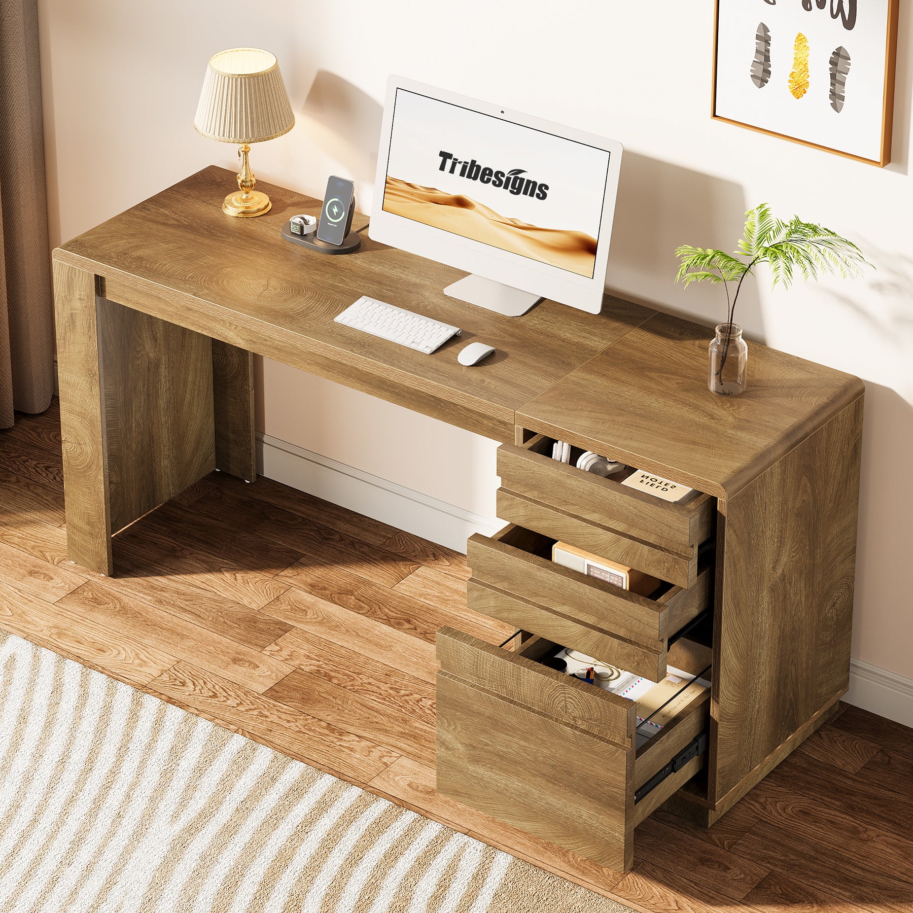 Tribesigns Schreibtisch 140 cm mit 3 Schubladen, Home-Office Schreibtisch mit verstellbarem Hängeregister-Schubladenschrank