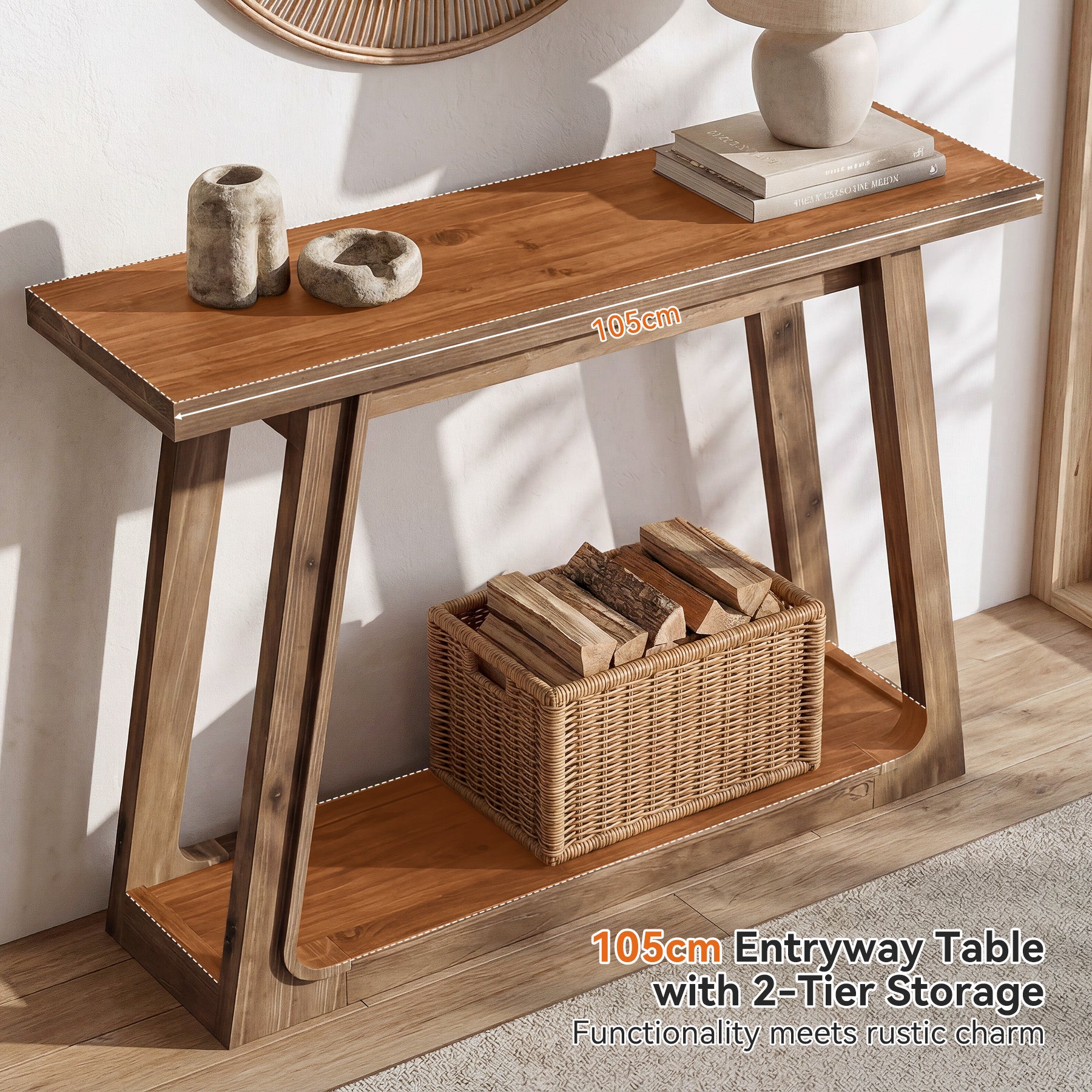 Tribesigns Massivholz Konsolentisch 105 cm mit Ablage, 2-stufiger Sofatisch im Landhausstil