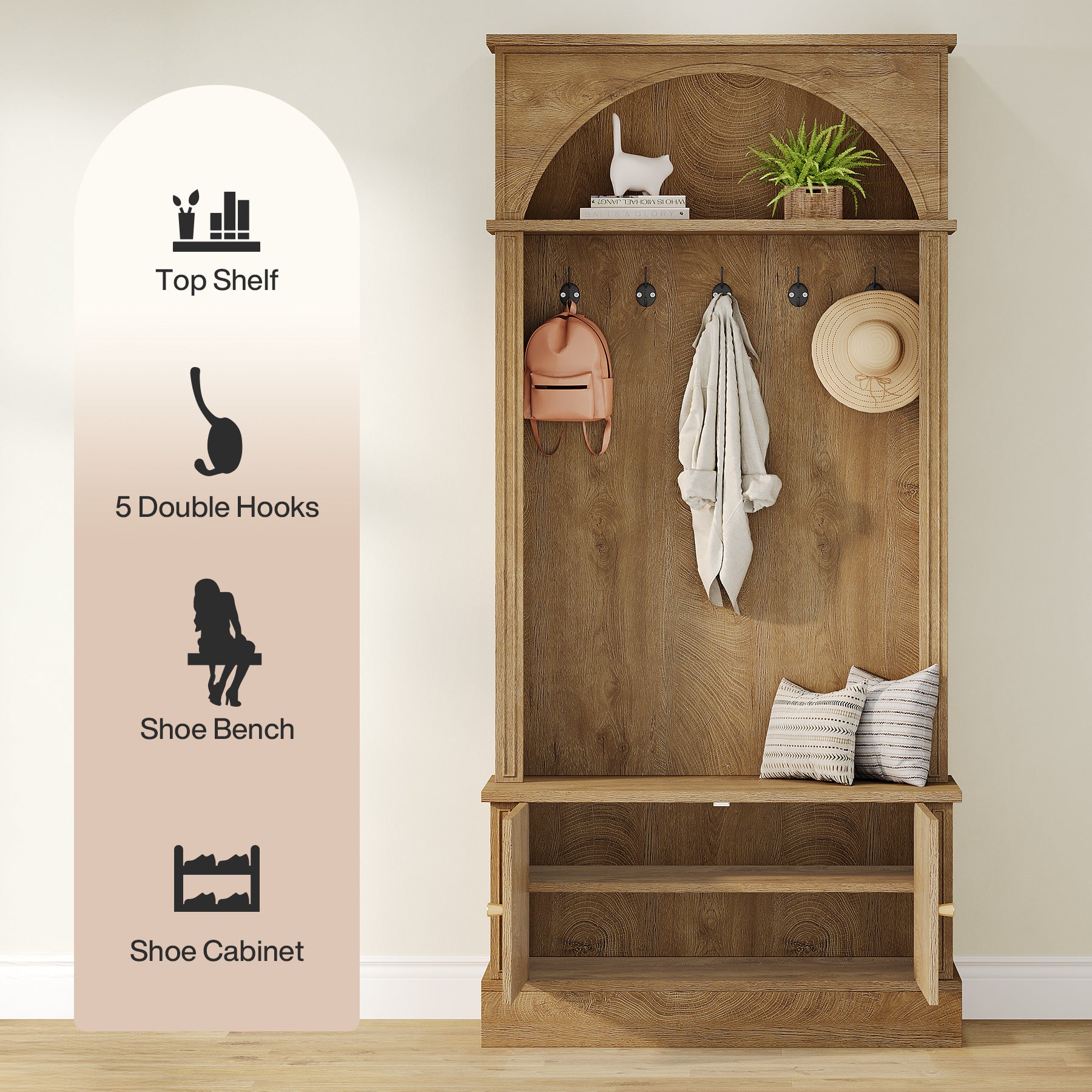 Tribesigns Garderobe mit Sitzbank & Schuhregal, Flurgarderobe 4-in-1 mit 5 Doppelhaken, verstellbare Ablagen