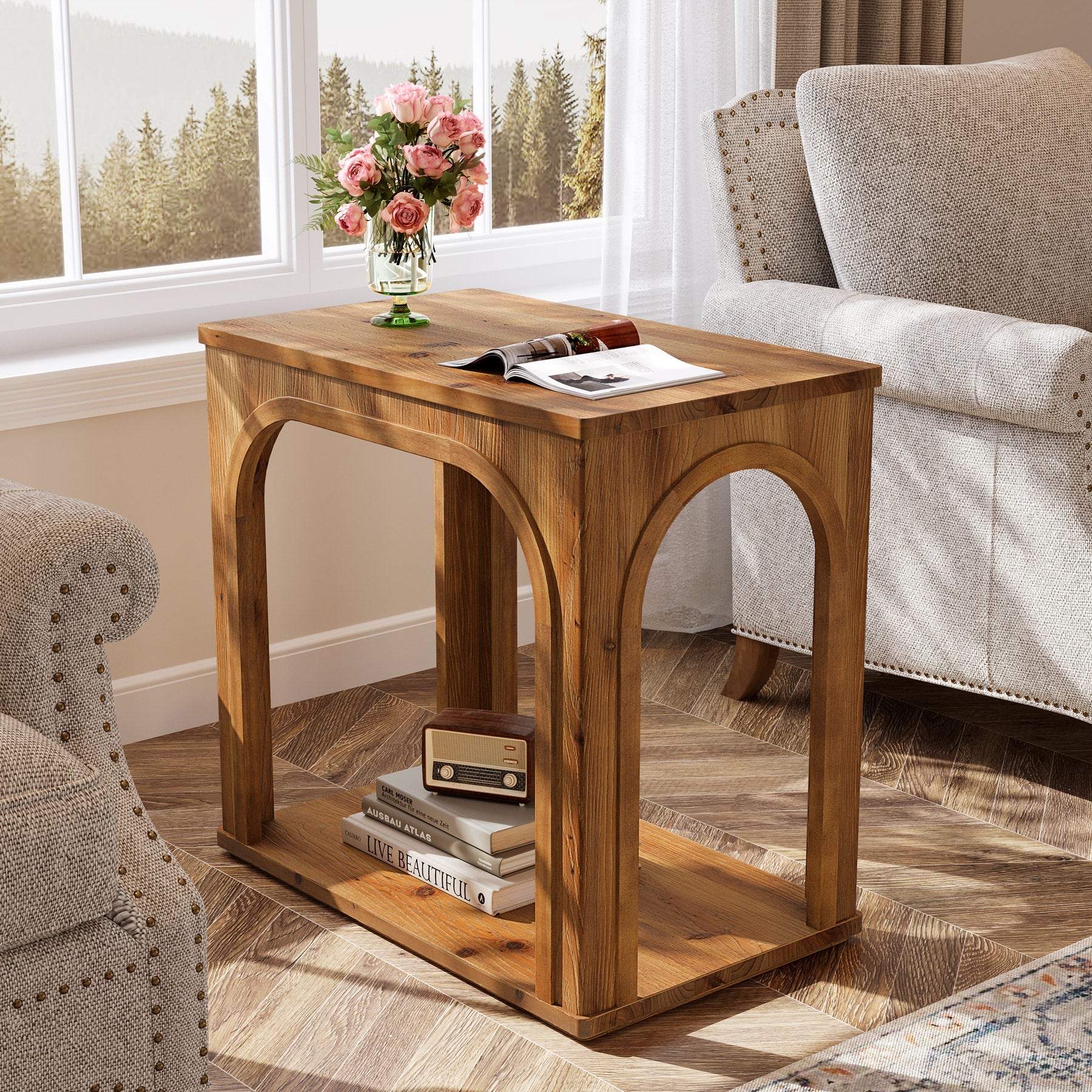 Tribesigns Massivholz Beistelltisch mit Ablage, 2-stufiger Nachttisch im Landhausstil mit Bogendesign