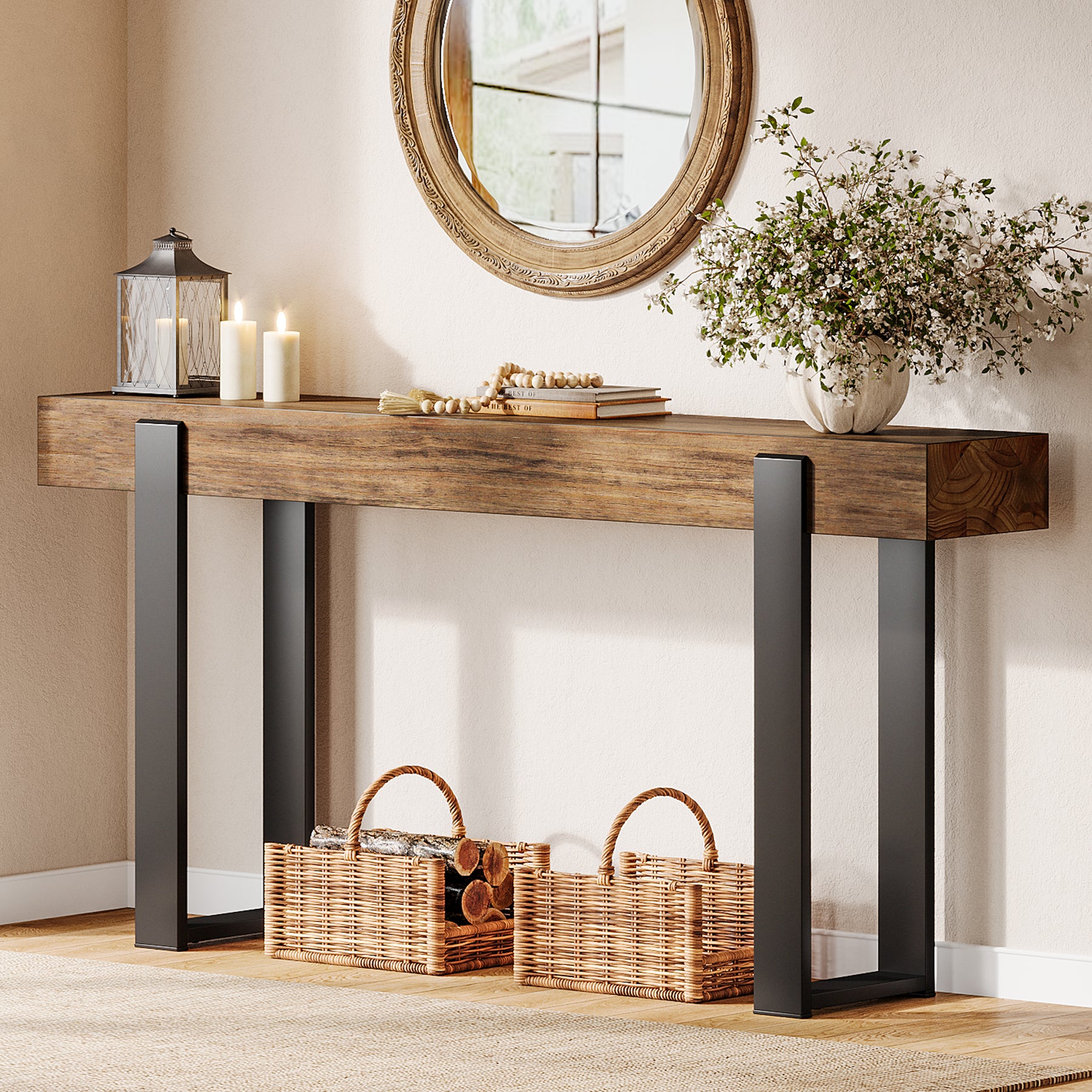 Tribesigns Schmaler Konsolentisch 160 cm, Massivholz Sofatisch mit Metallbeinen, Flurtisch im Industrial-Landhausstil