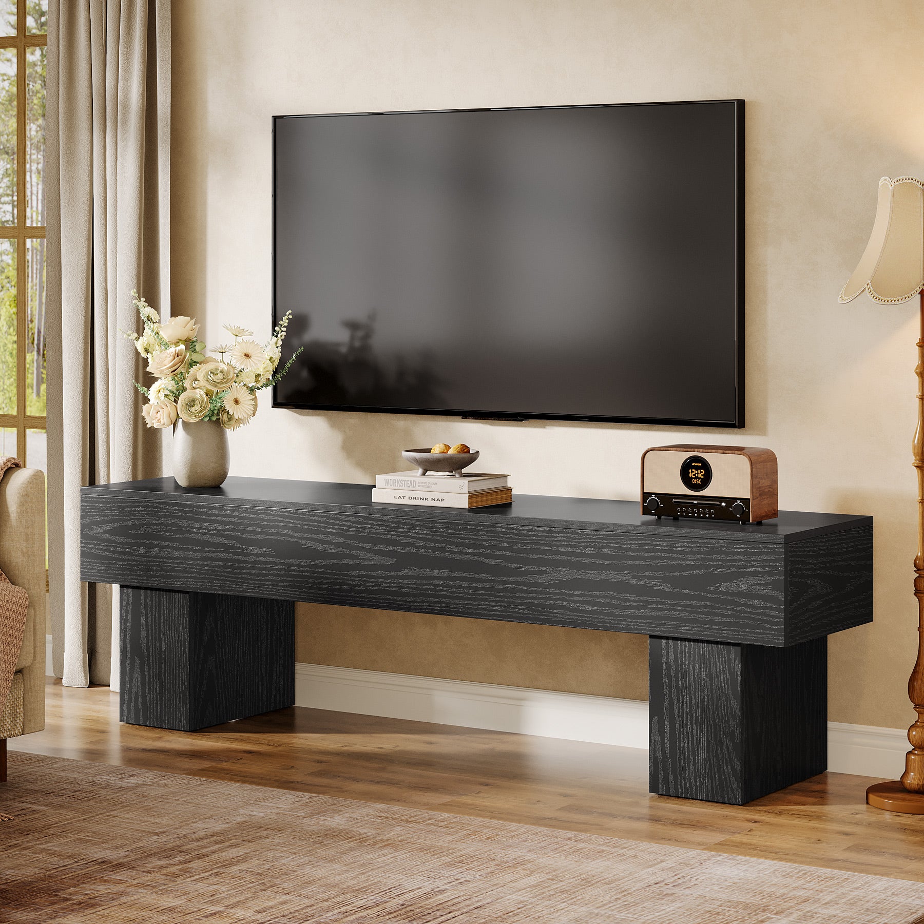TV-Schrank 160 cm, niedriger Fernsehschrank für Wohnzimmer, passend für 140–165 cm TVs