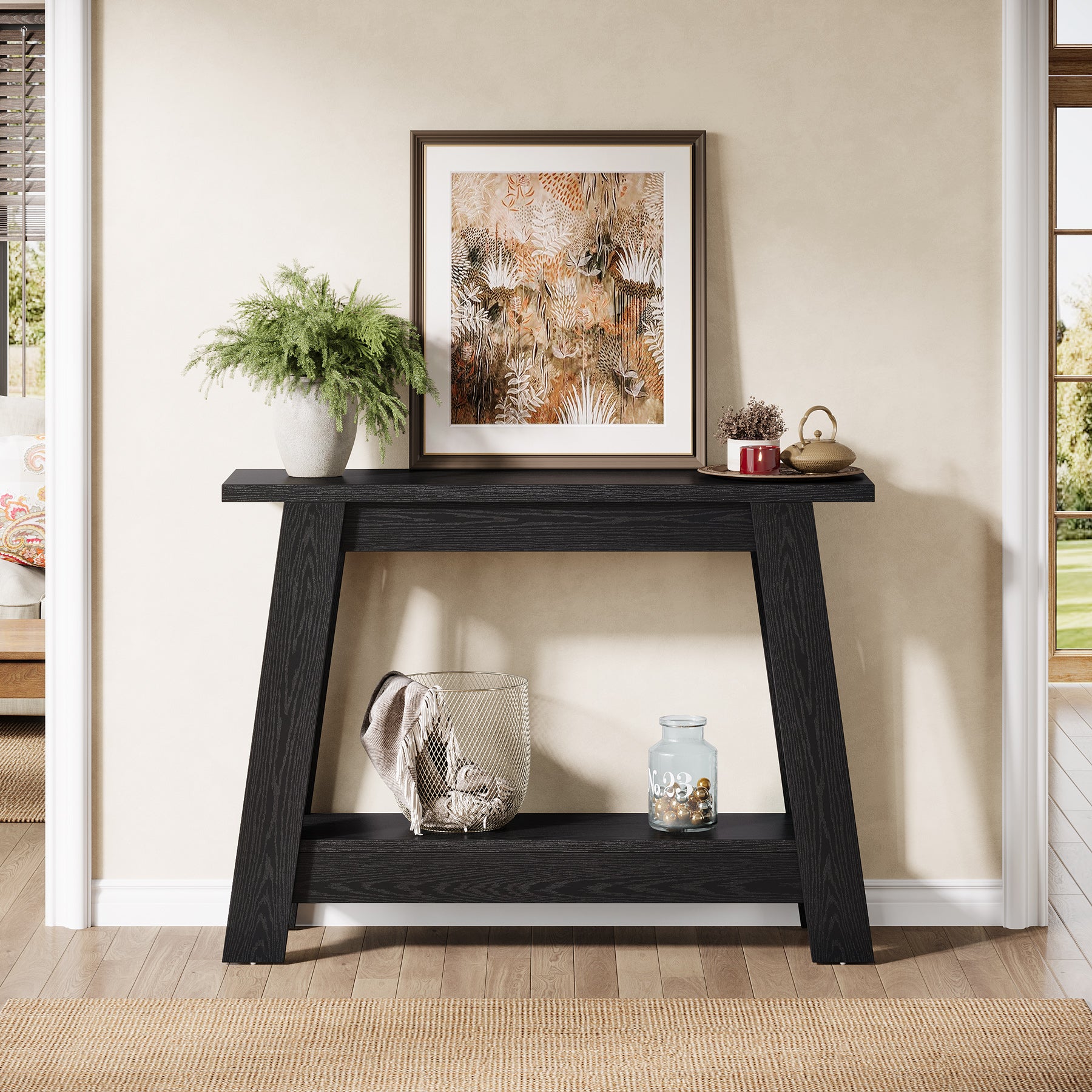 105 cm Farmhouse Konsolentisch mit 2 Ebenen Stauraum, Schmaler Sofatisch im Landhausstil