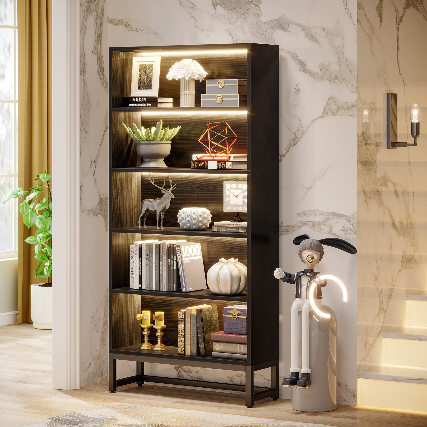 Tribesigns Bücherregal mit LED Beleuchtung, 180 cm Hohes Schwarzes Standregal mit 5 Ebenen
