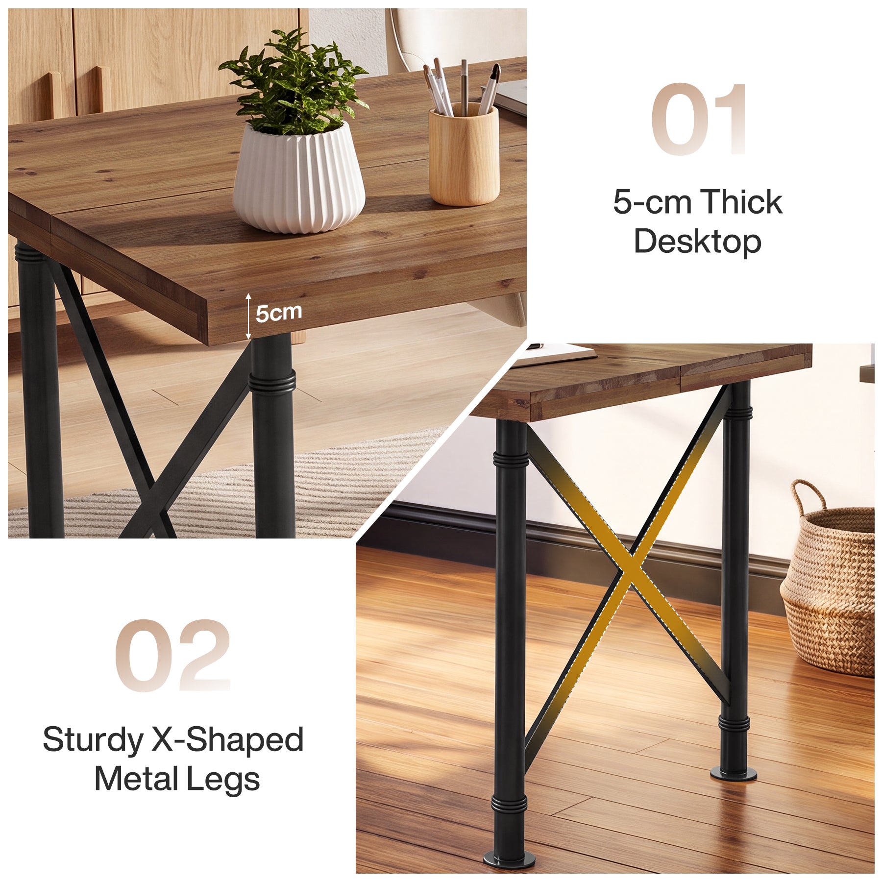 Massivholz Schreibtisch 160 × 80 cm, Computertisch mit X-Metallbeinen für Homeoffice