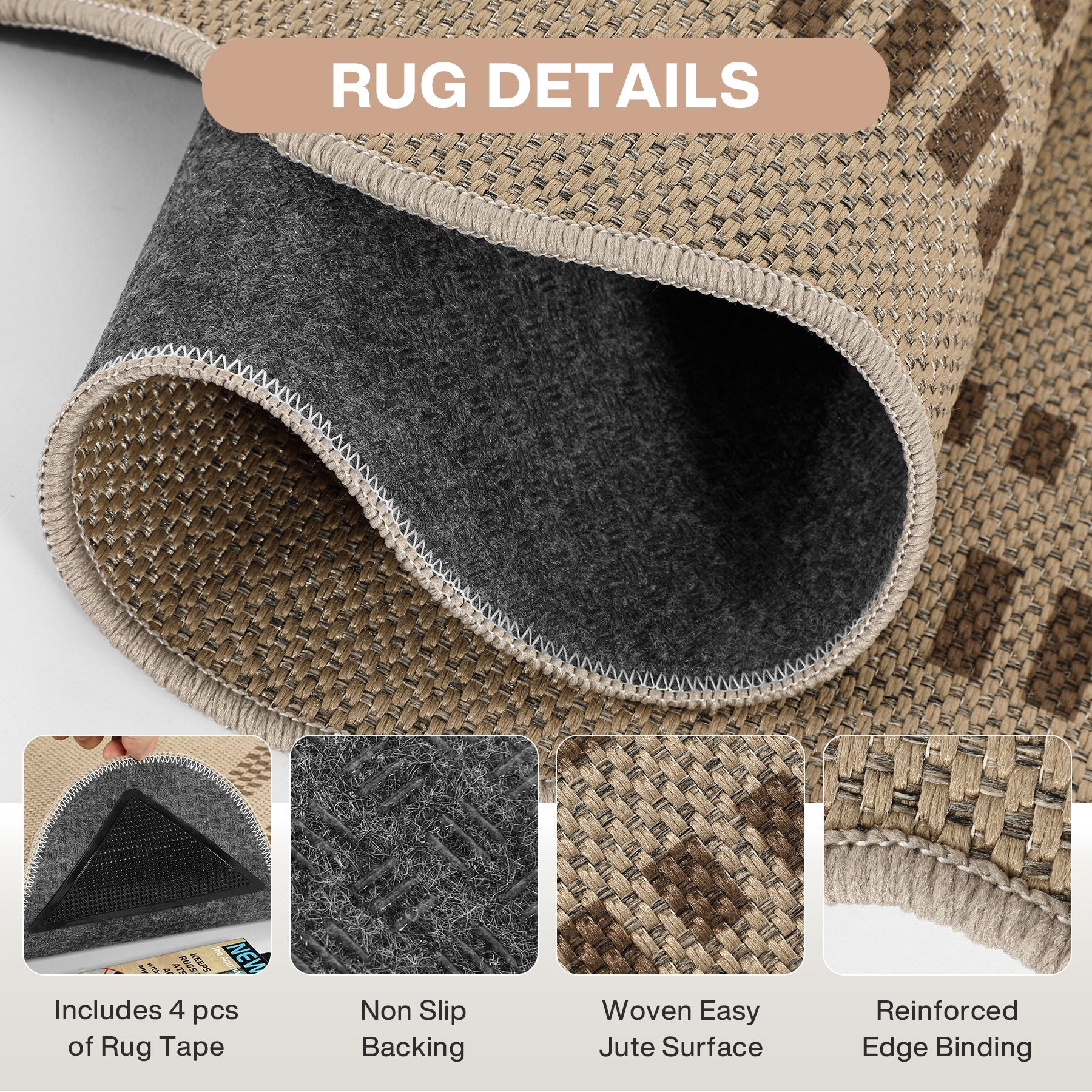 Tribesigns Teppich für drinnen und draußen, wetterfest, in Jute-Optik, mit gewelltem Rand und Muster im Landhausstil