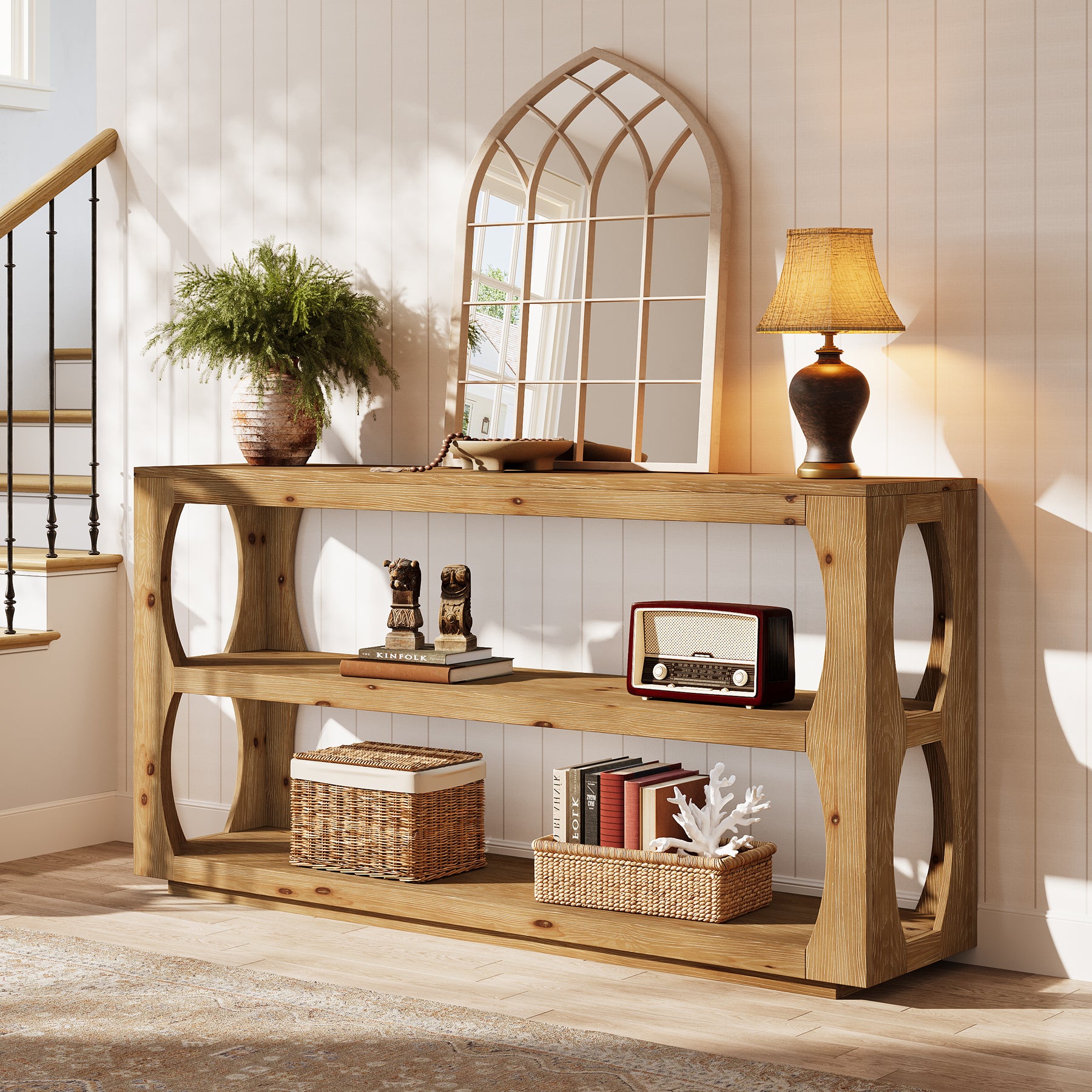 Konsolentisch 160 cm aus massivem Tannenholz, schmaler Flurtisch mit 3 Ebenen, Landhausstil für Flur, Wohnzimmer