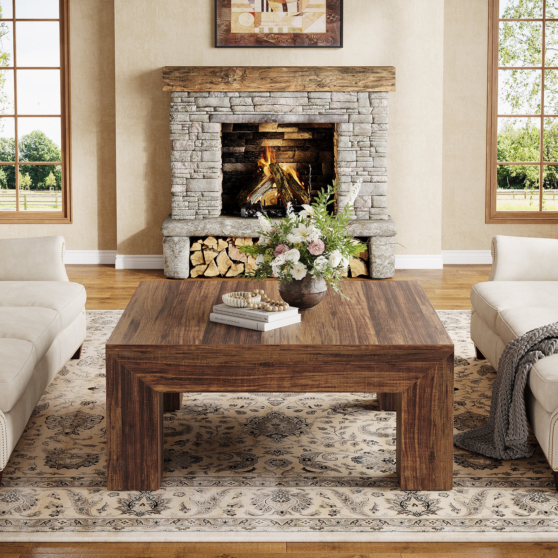 100 cm Quadratischer Couchtisch, Wohnzimmertisch aus Holz mit robusten Beinen für Sofa & Schlafzimmer