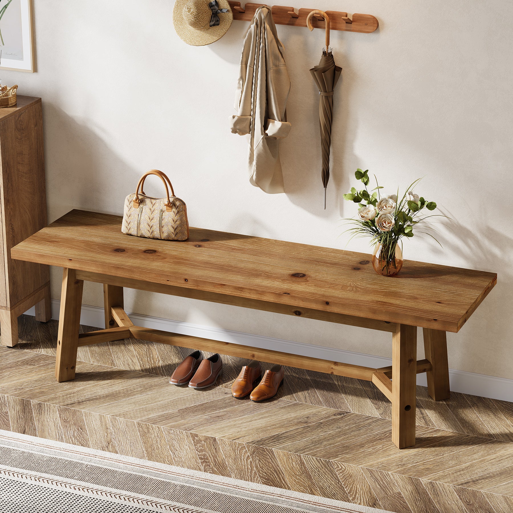 Tribesigns Massivholz Sitzbank 140 cm, Holzbank im Landhausstil, Flurbank & Schuhbank, Esszimmerbank
