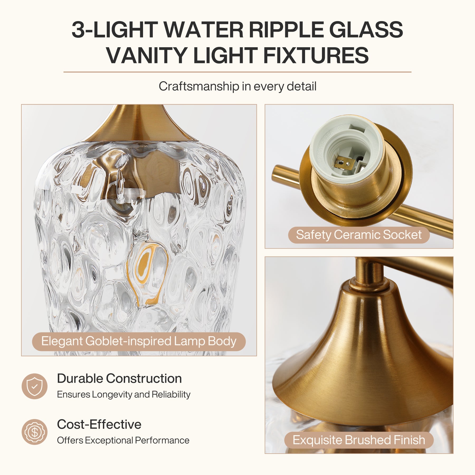 Tribesigns 3-flammige LED-Bad-Wandleuchte Gold mit Strukturglas, E27 Spiegelleuchte