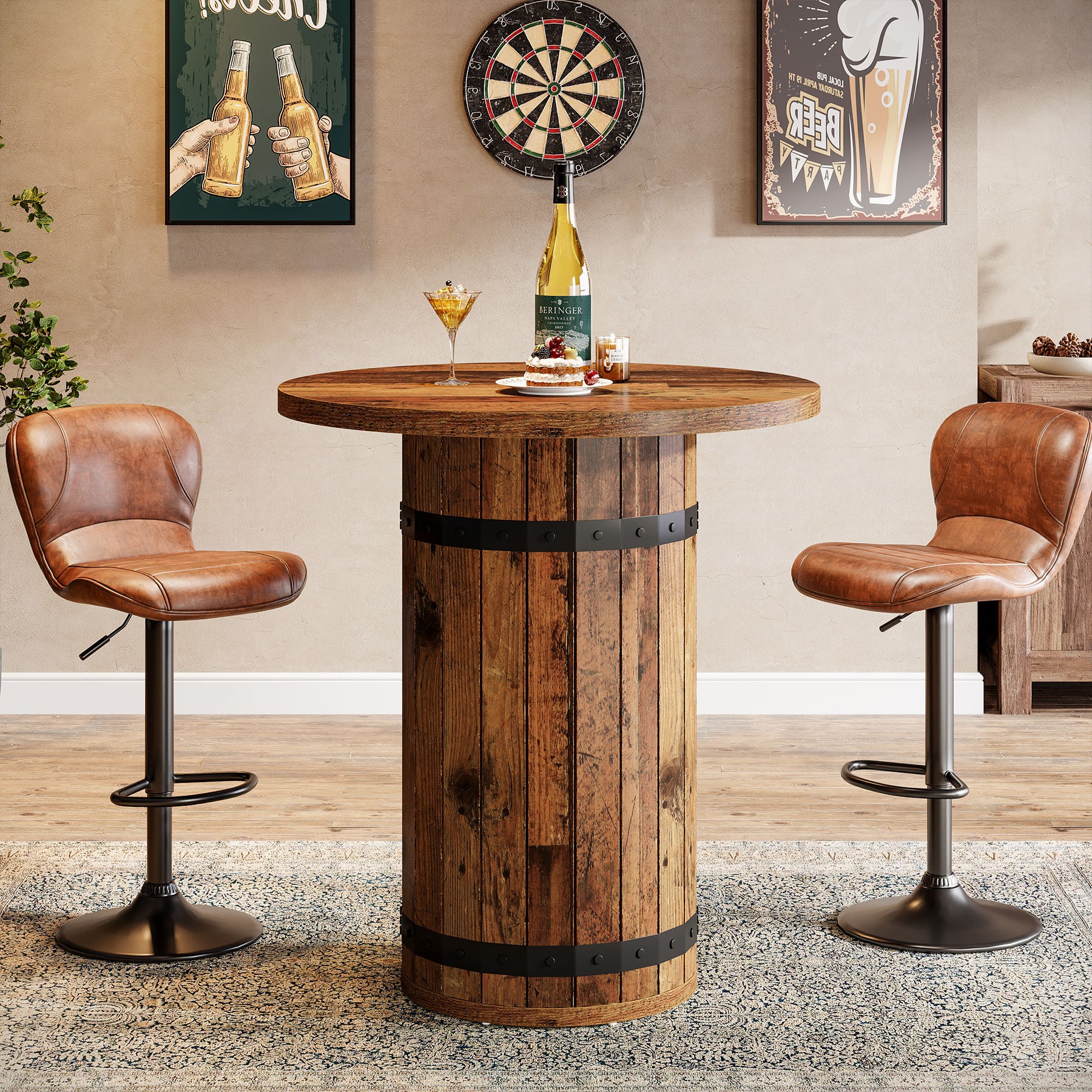 Tribesigns Runder Bartisch, 100 cm Stehtisch im Landhaus-Industrial-Stil für Küche & Bistro