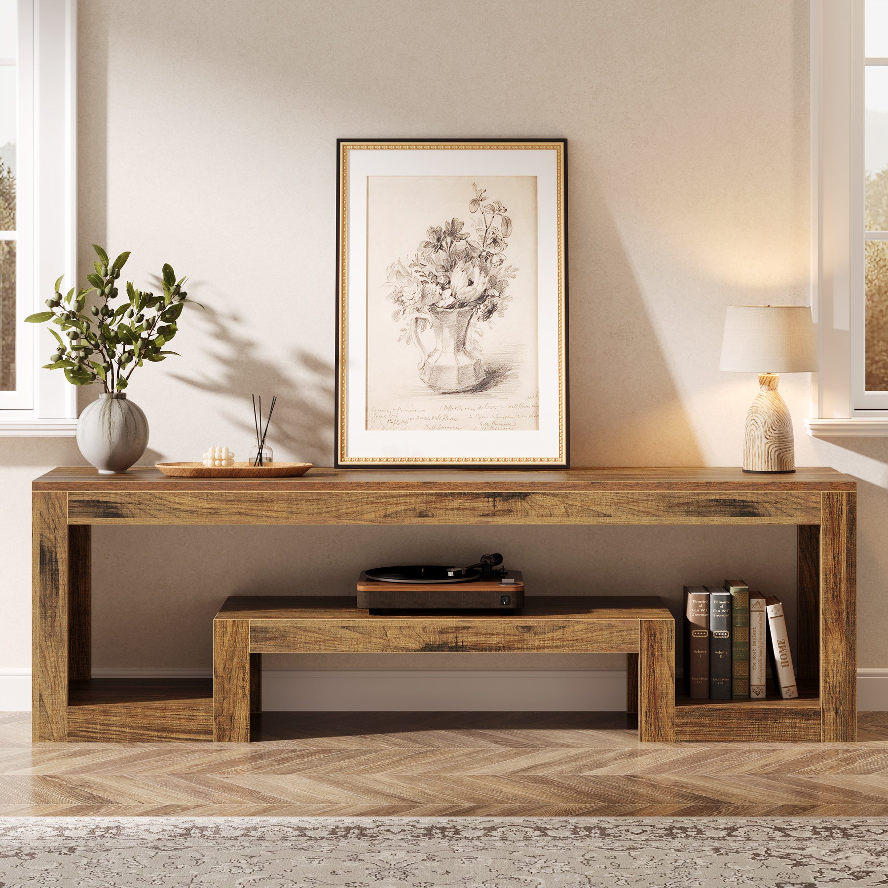 TV-Lowboard 63 Zoll, Bauernhaus Fernsehkonsole mit offenen Ablagen für 55–65 Zoll Fernseher