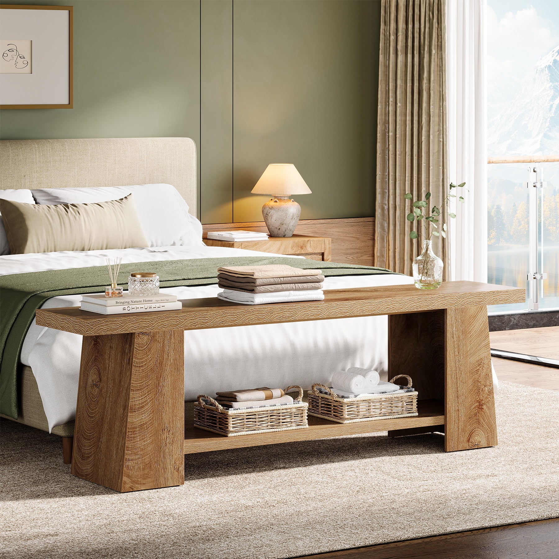 Tribesigns Schuhbank 150 cm mit Ablagen, Extra lange Sitzbank im Landhausstil für Flur & Schlafzimmer