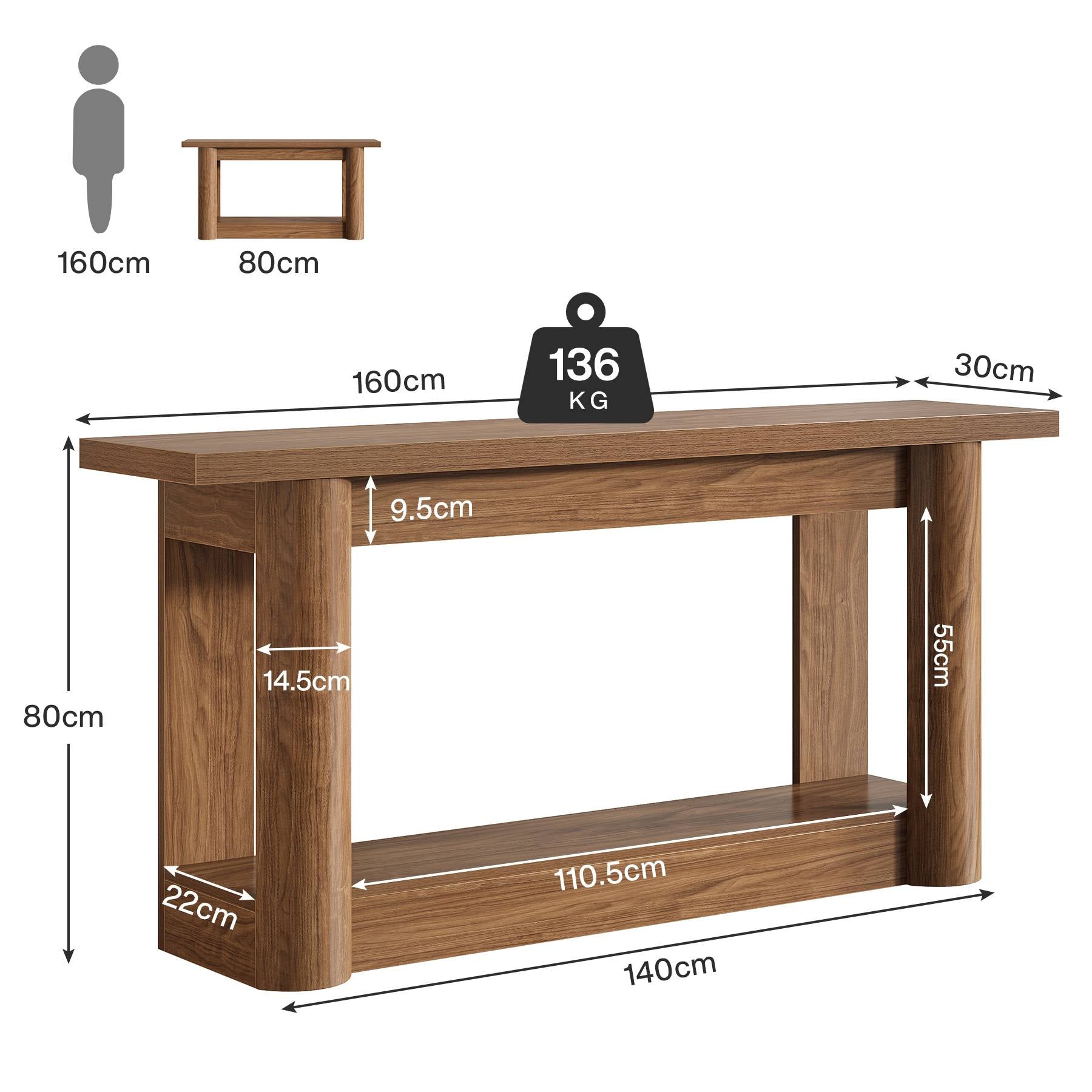 160 cm Konsolentisch, 2-stufiger Bauernhaus-Sofatisch für den Eingangsbereich