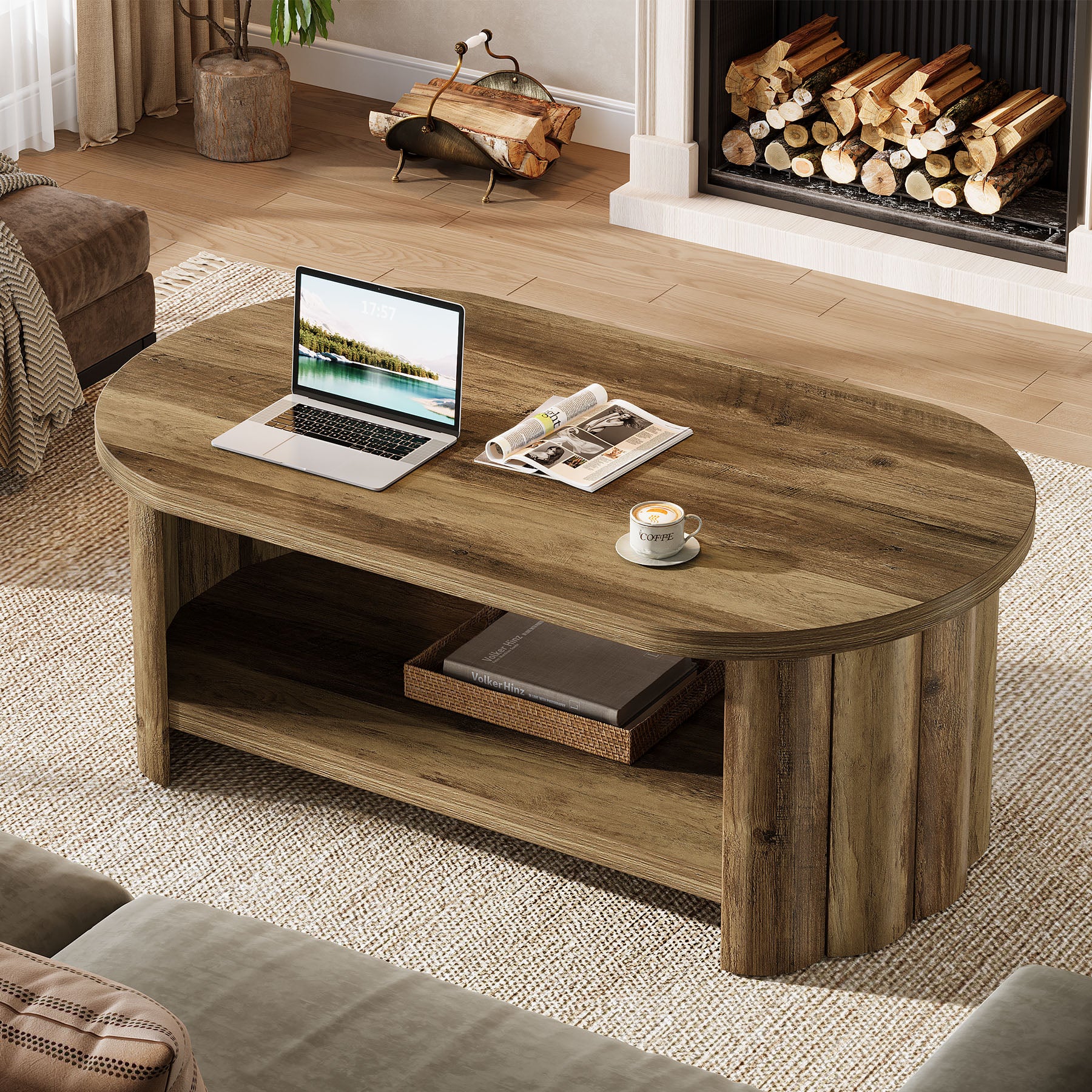 Tribesigns Ovaler Couchtisch 120 cm mit Ablagefach, Landhaus Wohnzimmertisch mit geriffeltem Standfuß