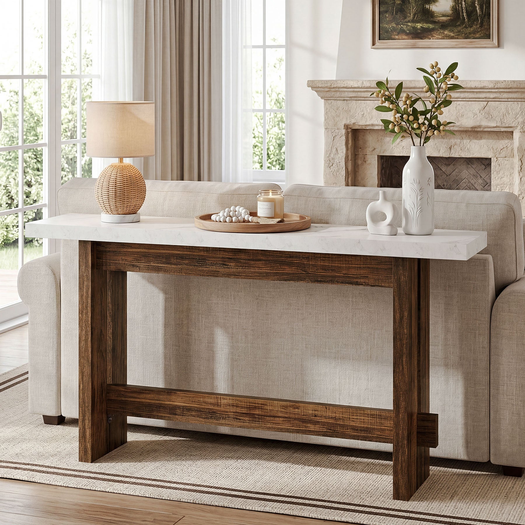 Tribesigns Konsolentisch Landhausstil, 160 cm Flurtisch mit Marmoroptik-Tischplatte
