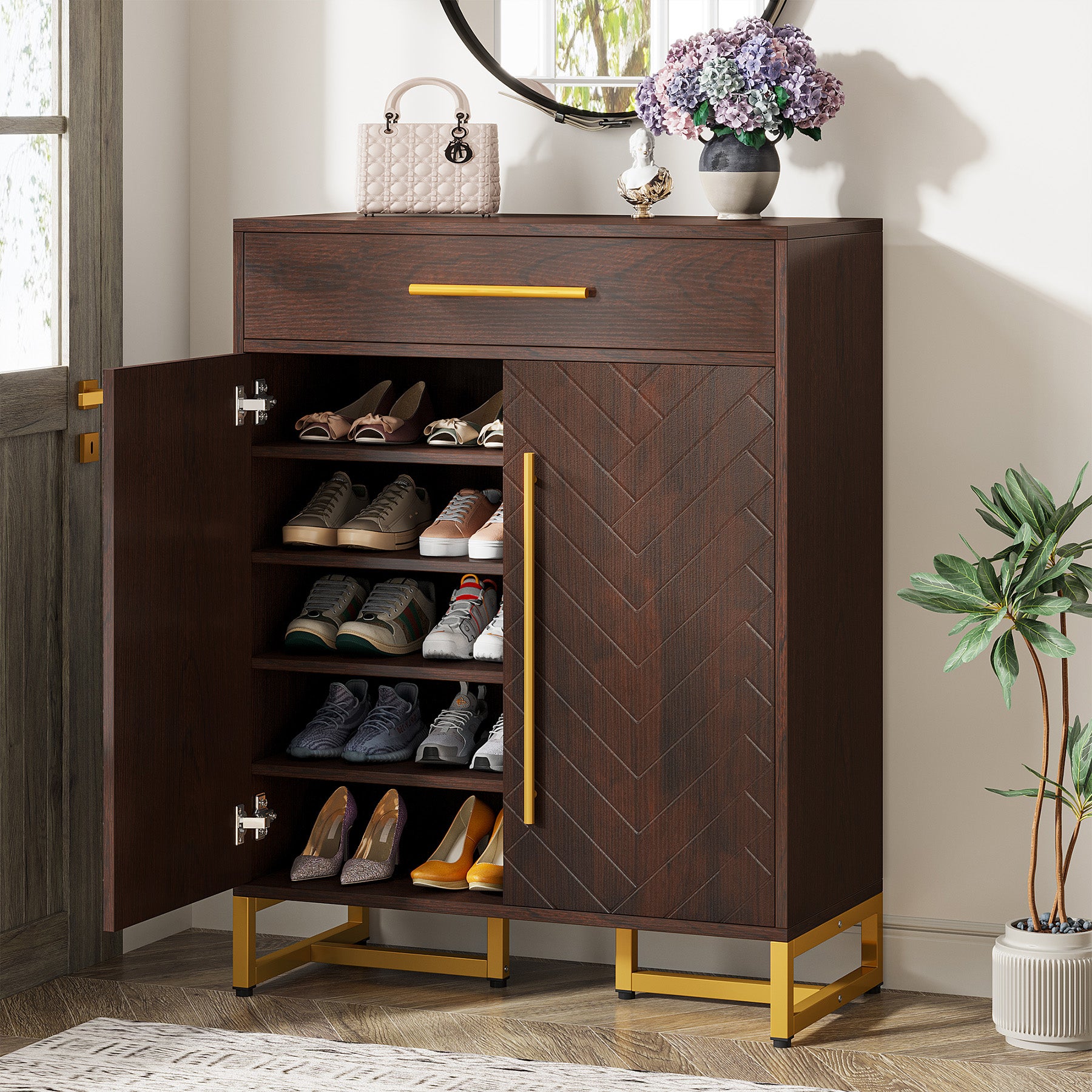 Tribesigns 5-stöckiger Schuhschrank für 20 Paar, Moderner Schuhregal Organizer mit verstellbaren Ablagen, Walnuss