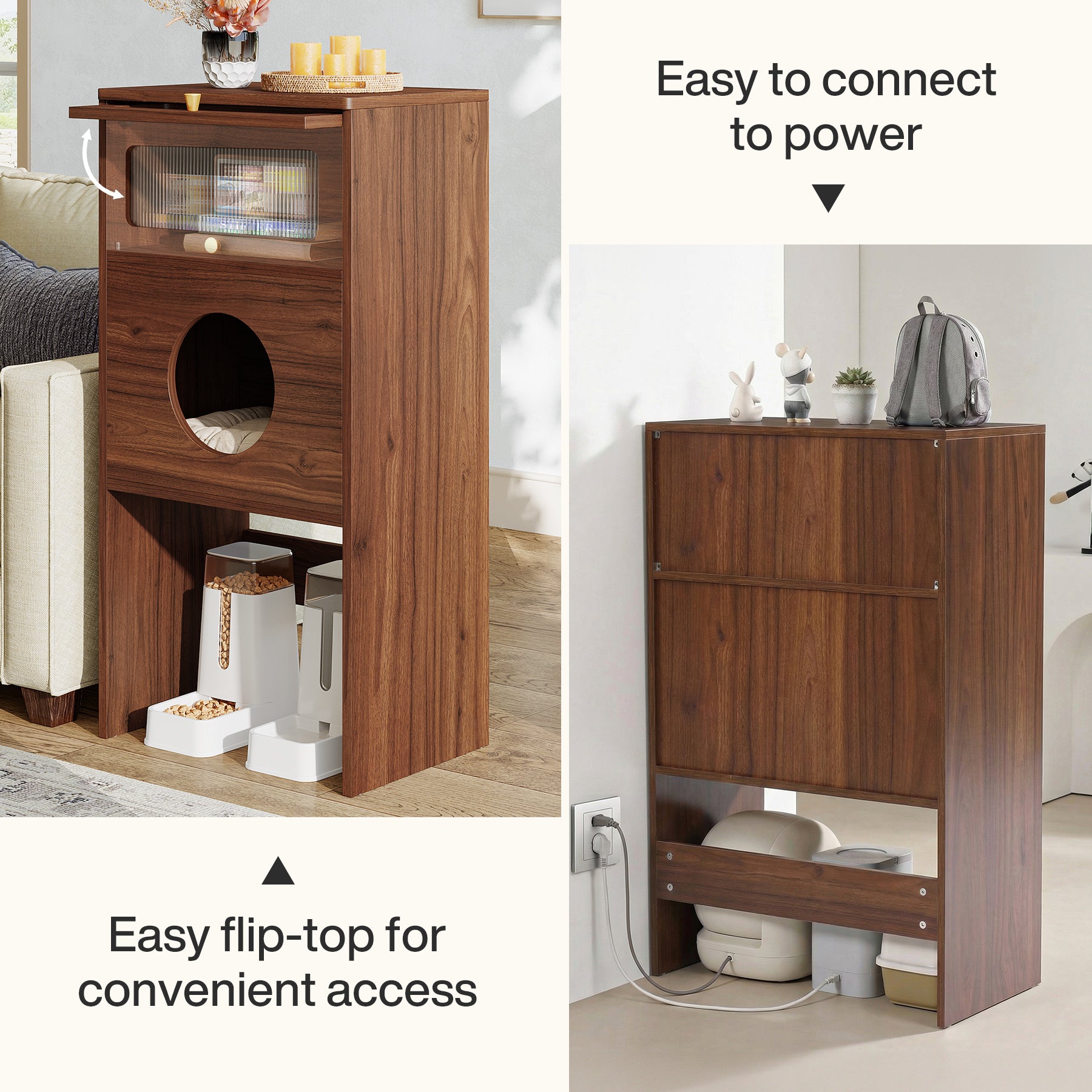 Katzenhaus Möbel mit Stauraum – Katzenklo Schrank & Beistelltisch 2-in-1, Indoor Katzenmöbel für kleine Wohnungen