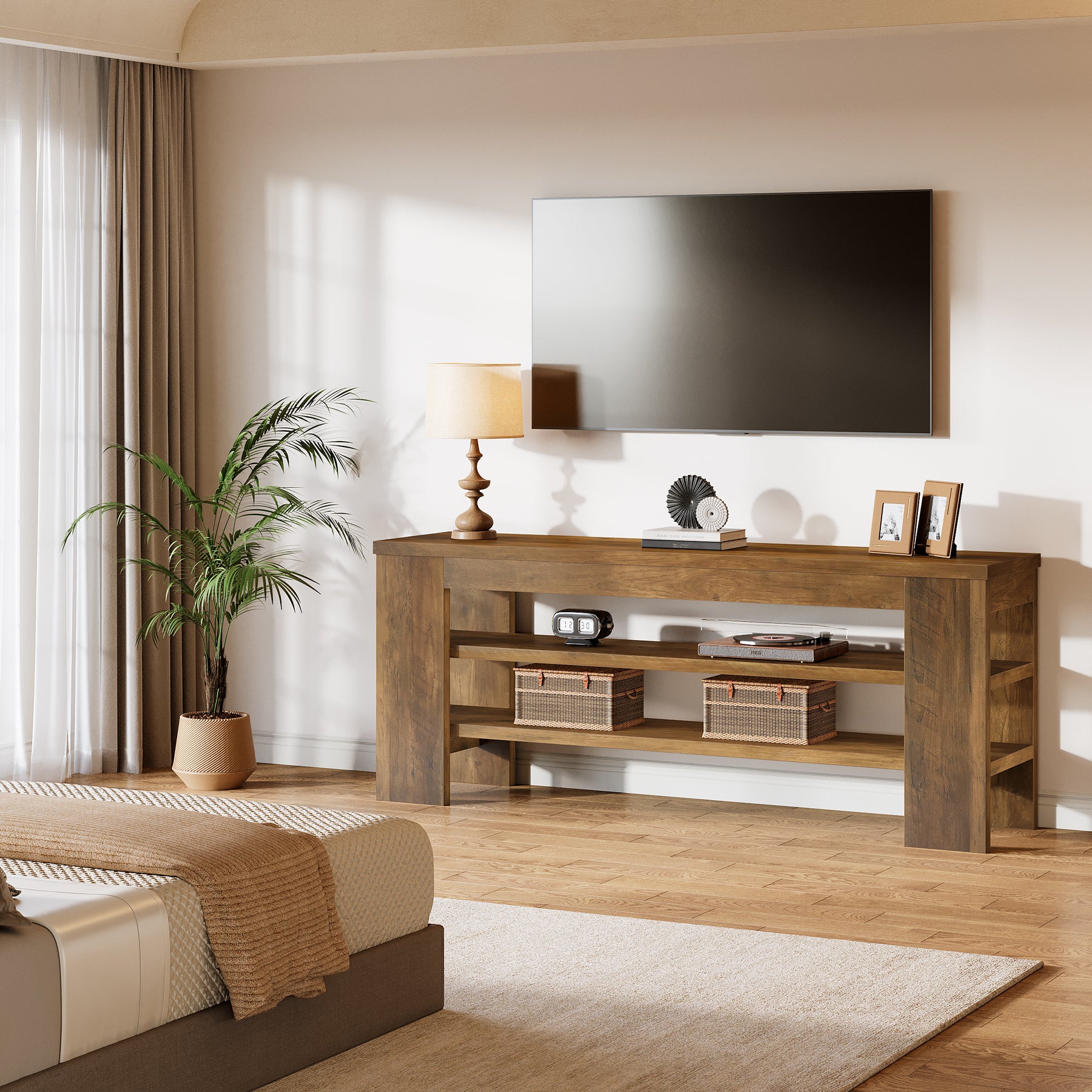 TV Lowboard für 55 Zoll Fernseher, 120 cm Medienkonsole mit offenen Regalfächern & Soundbar-Ablage