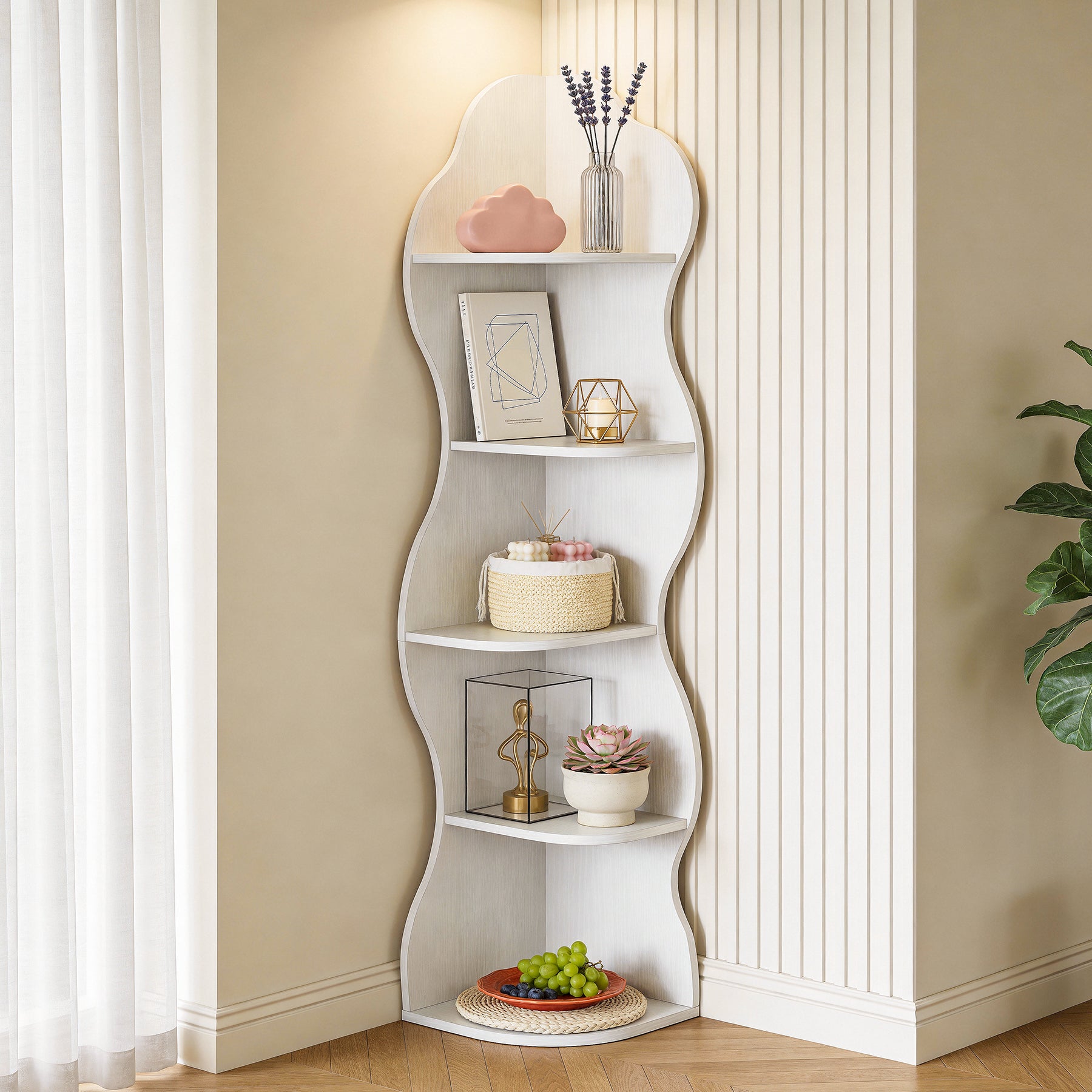 Eckregal 5 Ebenen, Modernes Bücherregal für Ecke, Geschwungenes Design, Hohes Standregal für Wohnzimmer