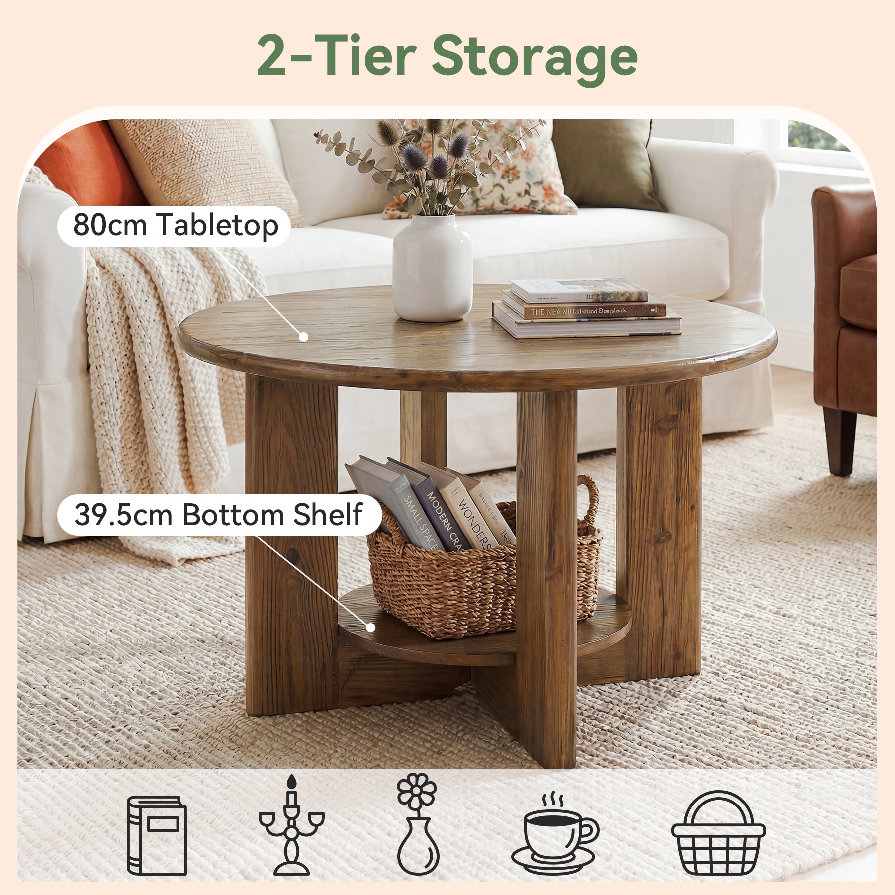 Tribesigns Runder Couchtisch aus Massivholz, 2 Ebenen Wohnzimmertisch mit Ablage