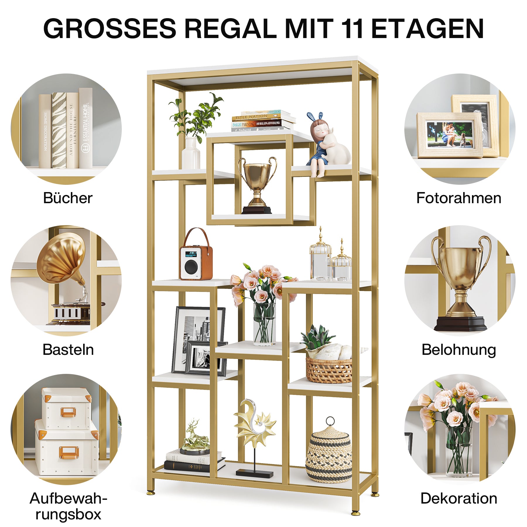 Goldenes Bücherregal - Modernes freistehendes Bücherregal mit 11 offenen Regalen