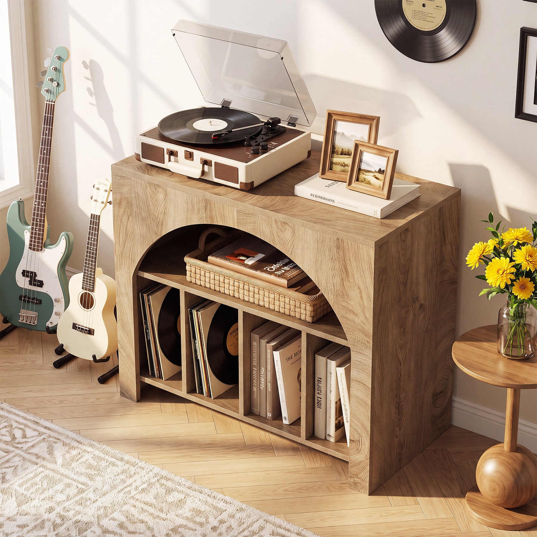 Tribesigns Plattenspielerständer mit Stauraum, Vinyl Schrank mit 2 Ebenen im Retro-Design