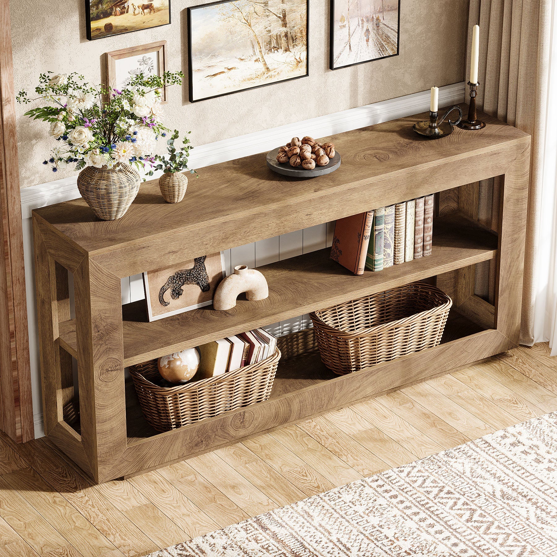 160 cm Konsolentisch, Landhaus-Eingangstisch mit 3-stufigem Ablagefach