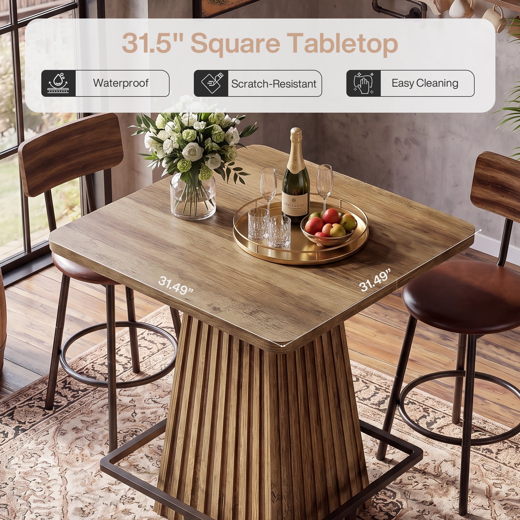 Tribesigns Bartisch 80 cm, Quadratischer Hochtisch mit Metall-Fußstütze im Landhausstil