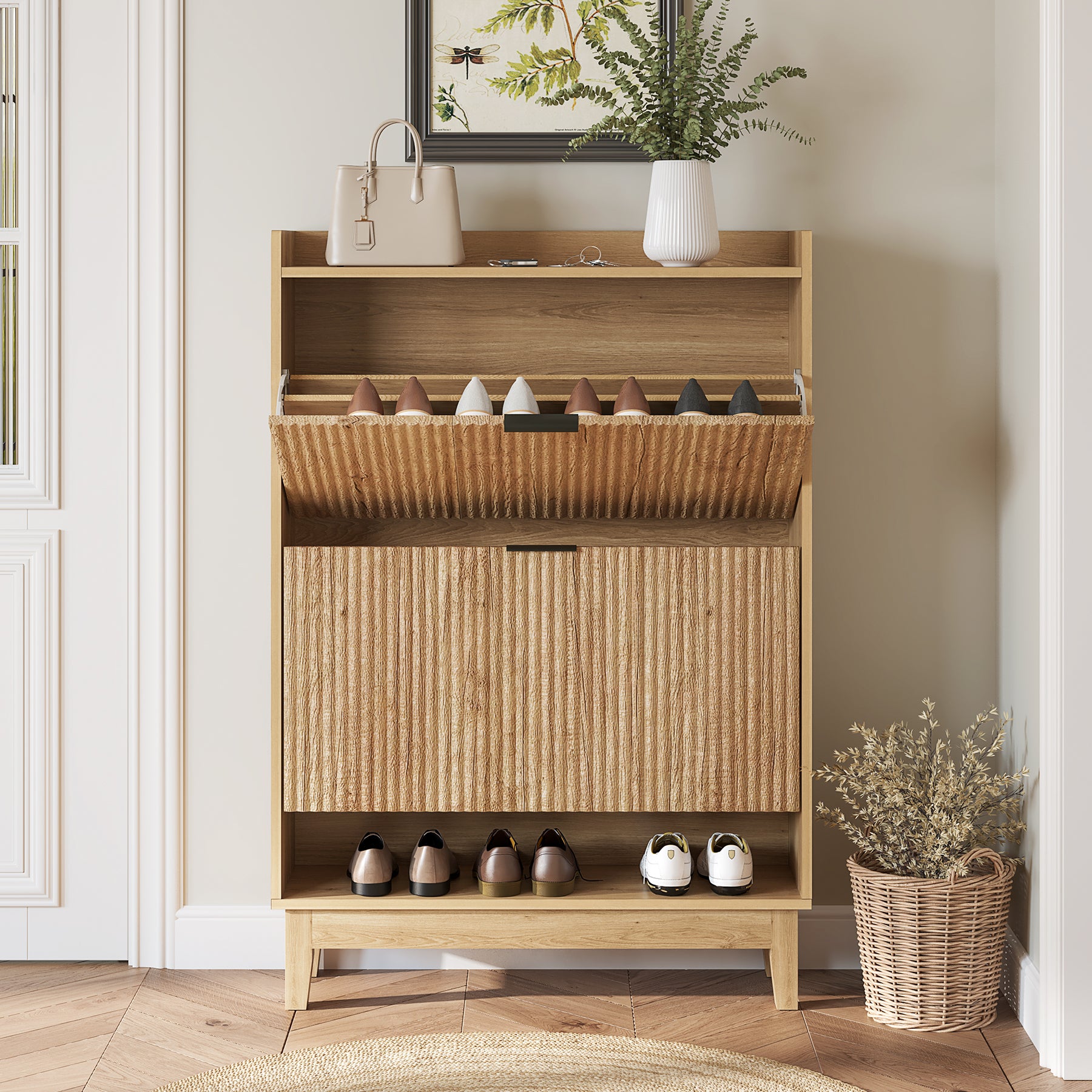 Schmaler Schuhschrank 80 cm – Schuhkipper mit 2 Klappen & Schubladen, Schuhkommode aus Holz für Flur & Eingangsbereich