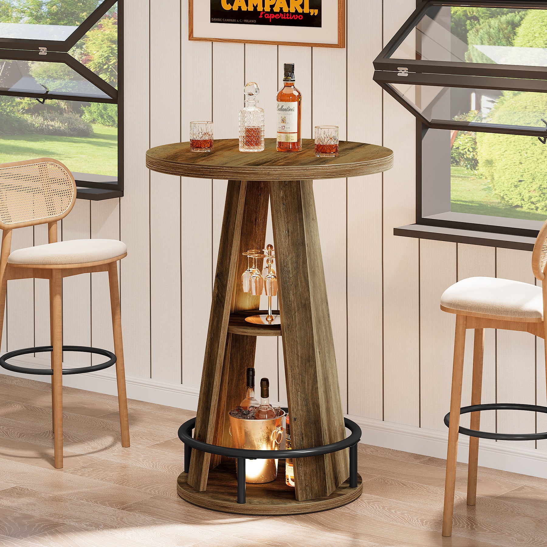 Tribesigns Runder Bartisch 100 cm, Bistrotisch mit 3 Ablagen & Fußstütze, Industrial Stehtisch für Küche & Wohnzimmer
