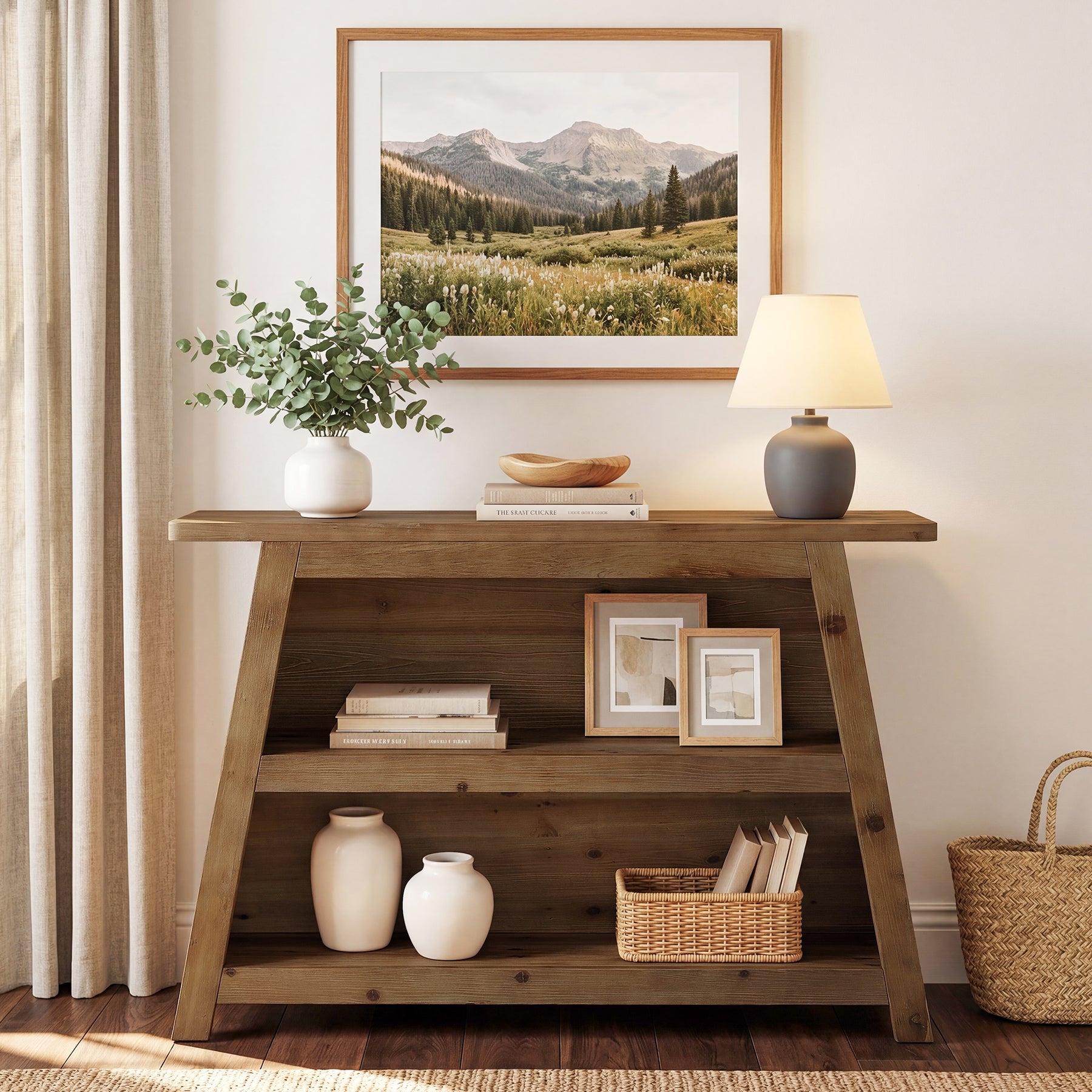 Tribesigns Massivholz Konsolentisch 120 cm, 3-stöckiger Flurtisch im Landhausstil mit Ablagen