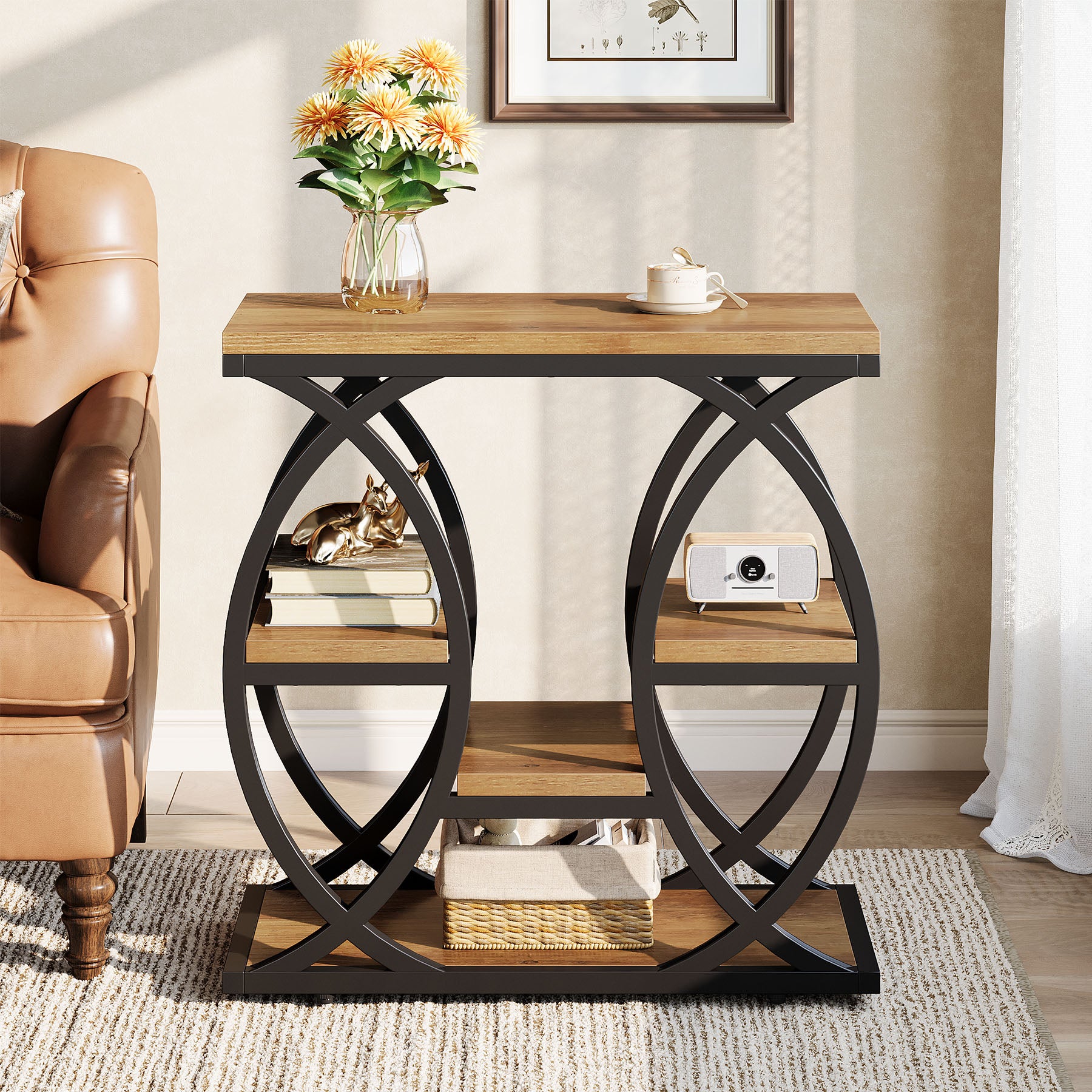 Beistelltisch mit 4 Ablagen, 60cm schmaler Nachttisch mit Stauraum