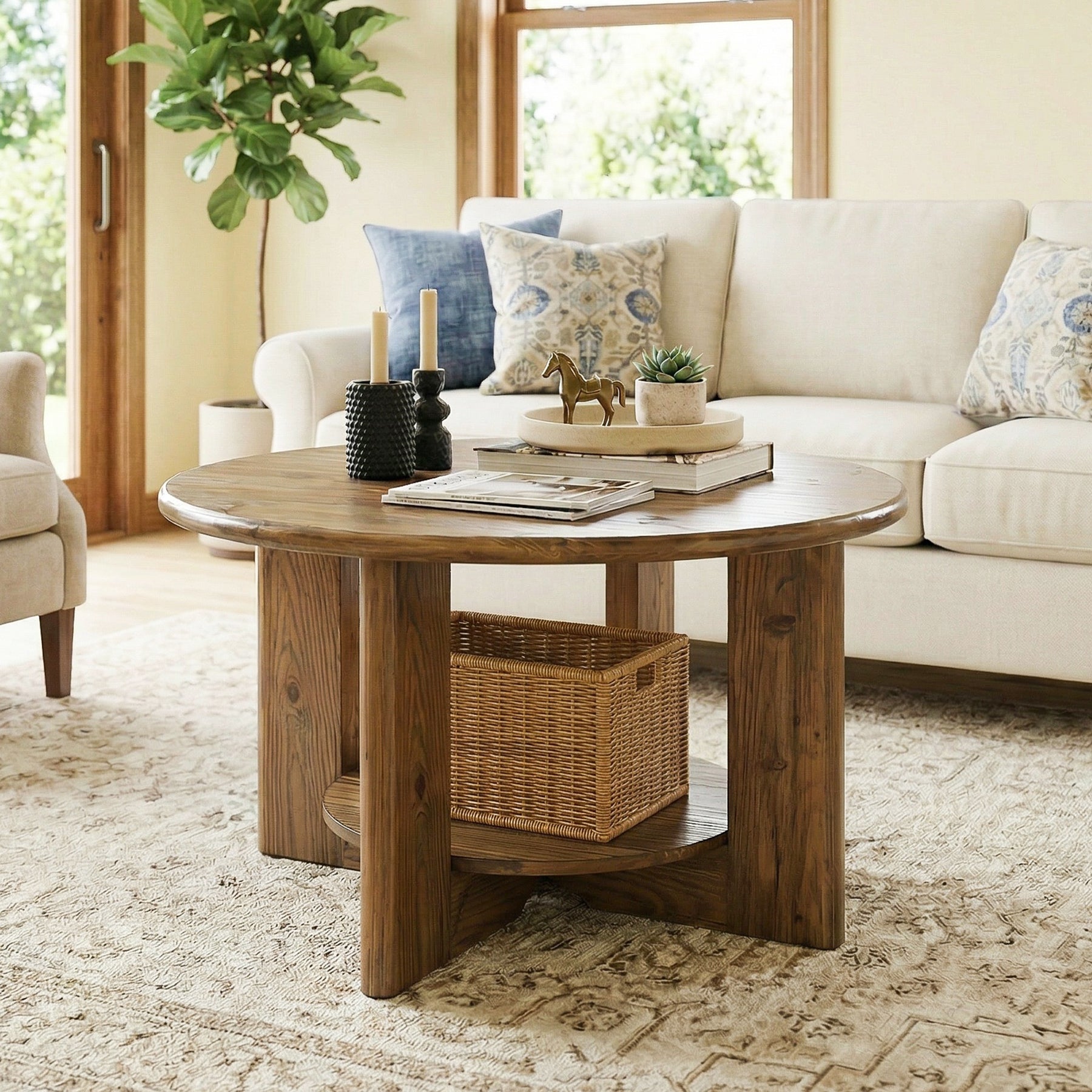 Tribesigns Runder Couchtisch aus Massivholz, 2 Ebenen Wohnzimmertisch mit Ablage